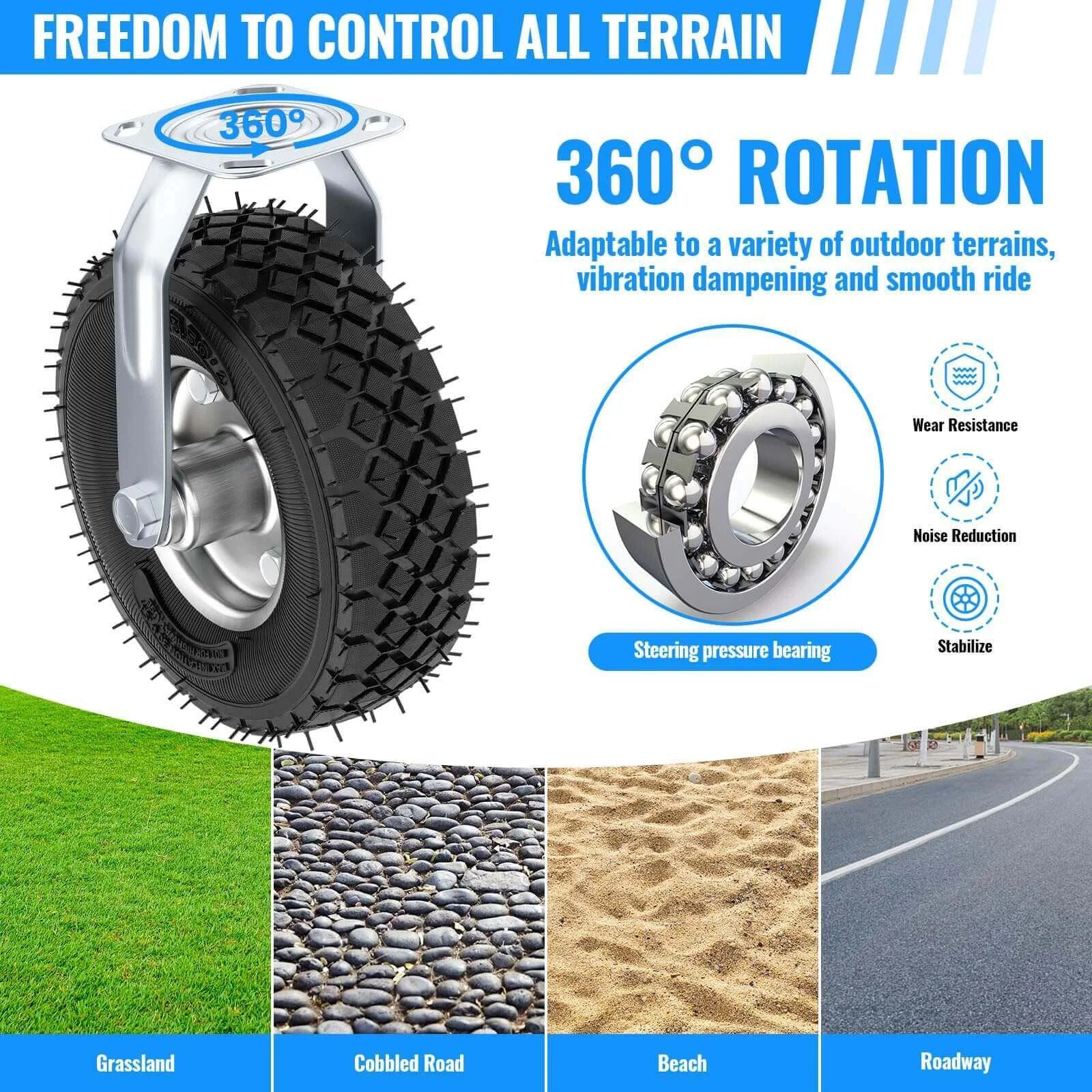 360-degree rotating 10 inch pneumatic caster set of 4 with swiveled and rigid casters for versatile outdoor terrain use.