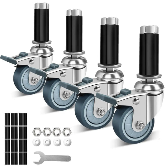 3 Inch Expanding Stem Caster Wheels Set Of 4 For Prep Tables Heavy Duty Casters With Locking Brake visible with hardware