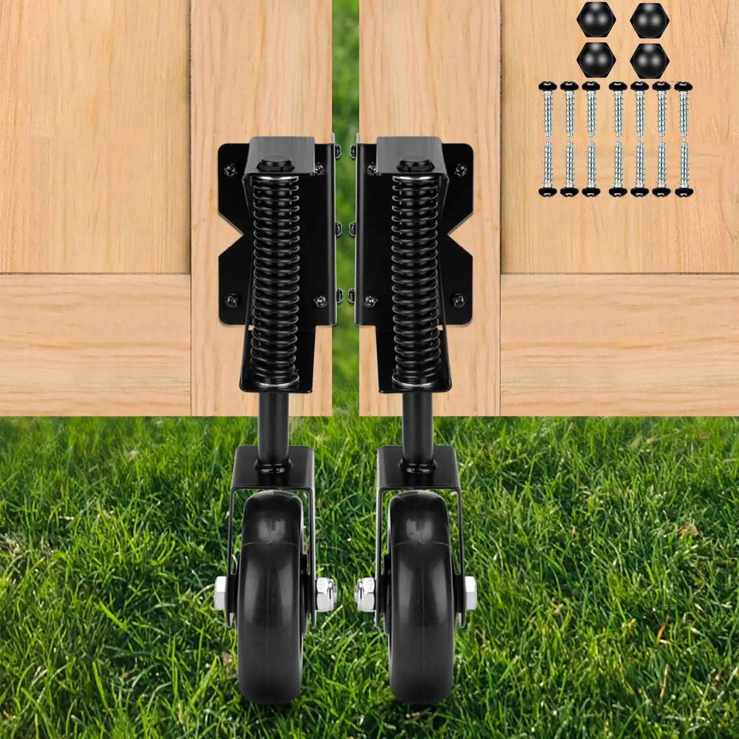 4.3 Inch Heavy Duty Gate Wheel With Spring Loaded Mechanism PVC Gate Wheel Caster installed on wooden garden gate