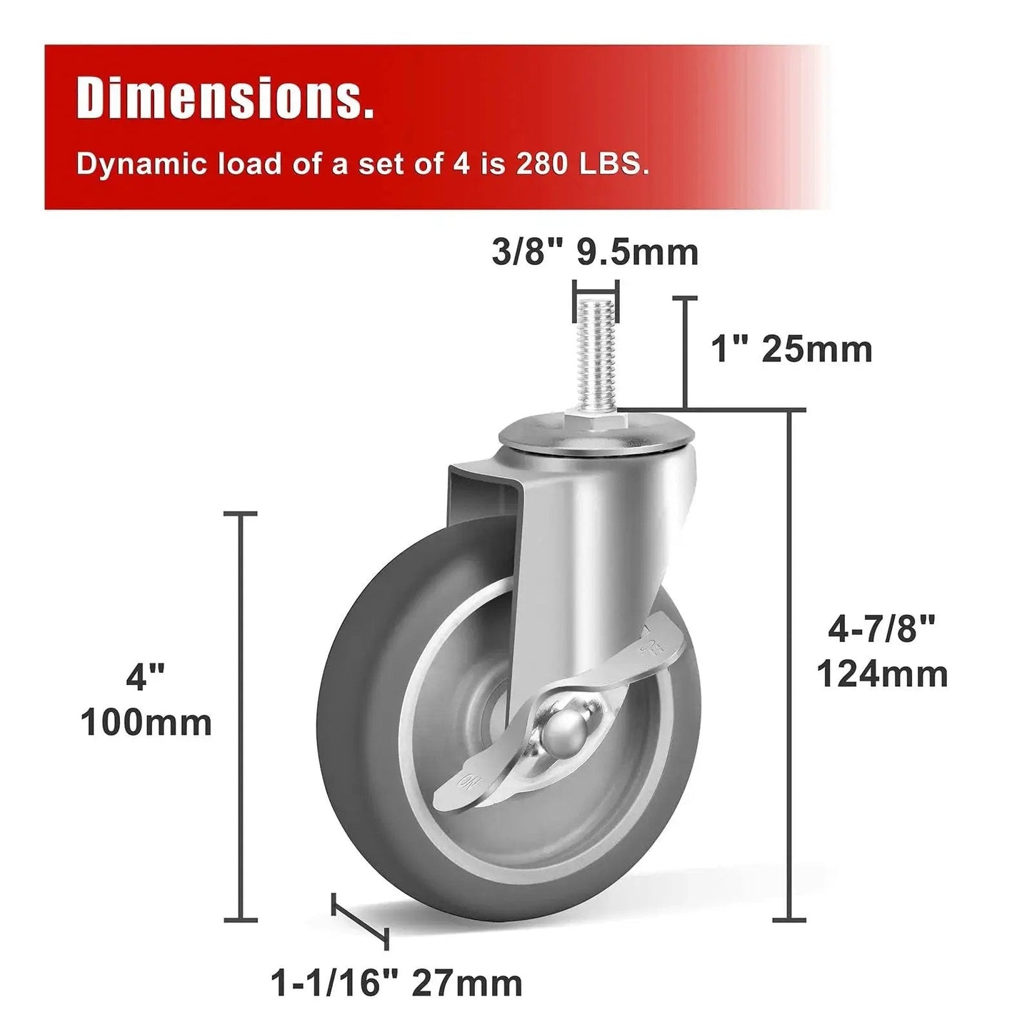 Heavy Duty 4 Inch Caster Wheels With Brakes Set Of 4, 3/8-16 Threaded Stem 1 Inch Long, TPR Soft Quiet Swivel Casters