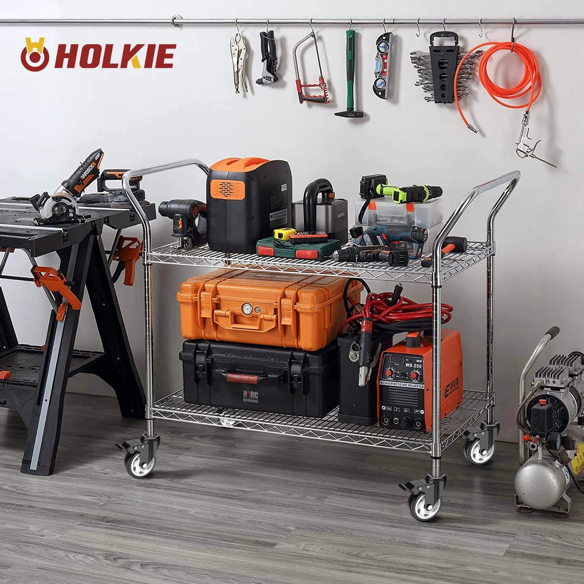Heavy-duty cart with tools on 4 inch total locking stem caster wheels, steel housing, in workshop setting.
