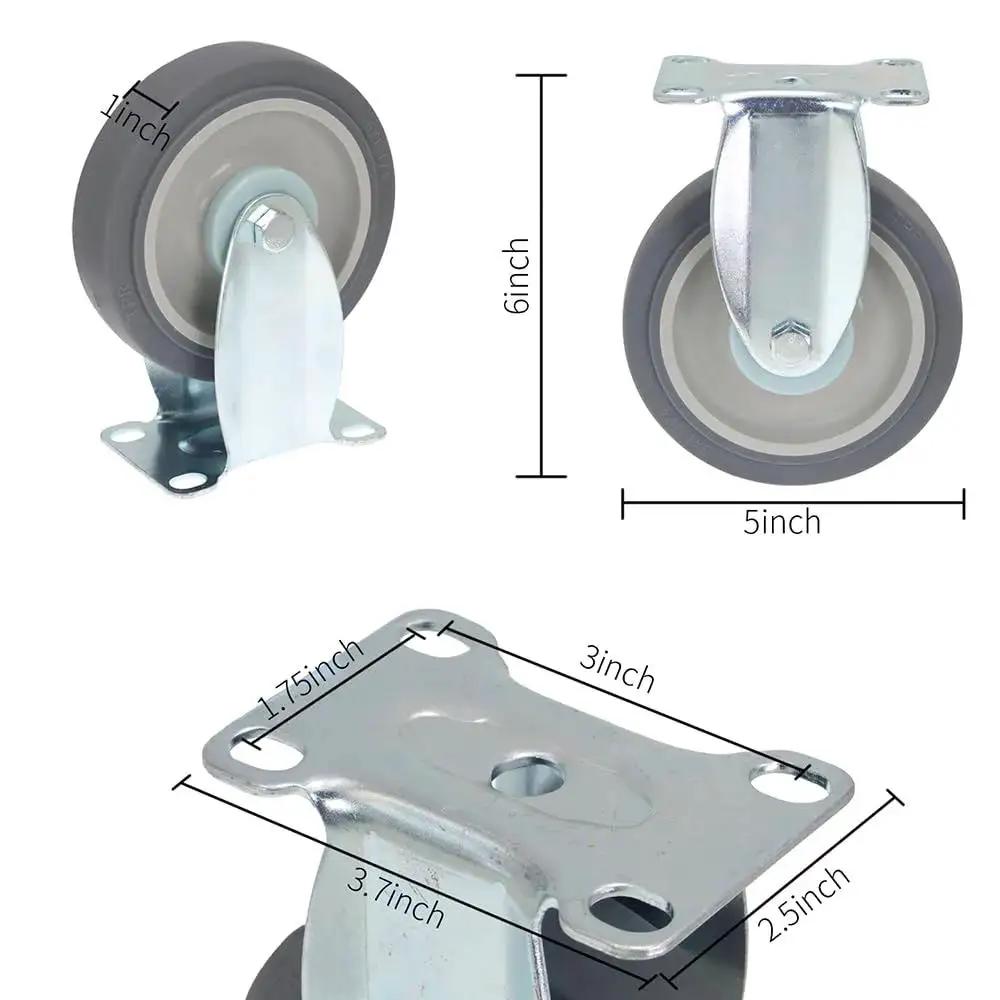 Heavy Duty 5 Inch Caster Wheels Set Of Four Non Marking Premium Commercial Grade With Two Rigid And Two Swivel Brakes, dimensions shown