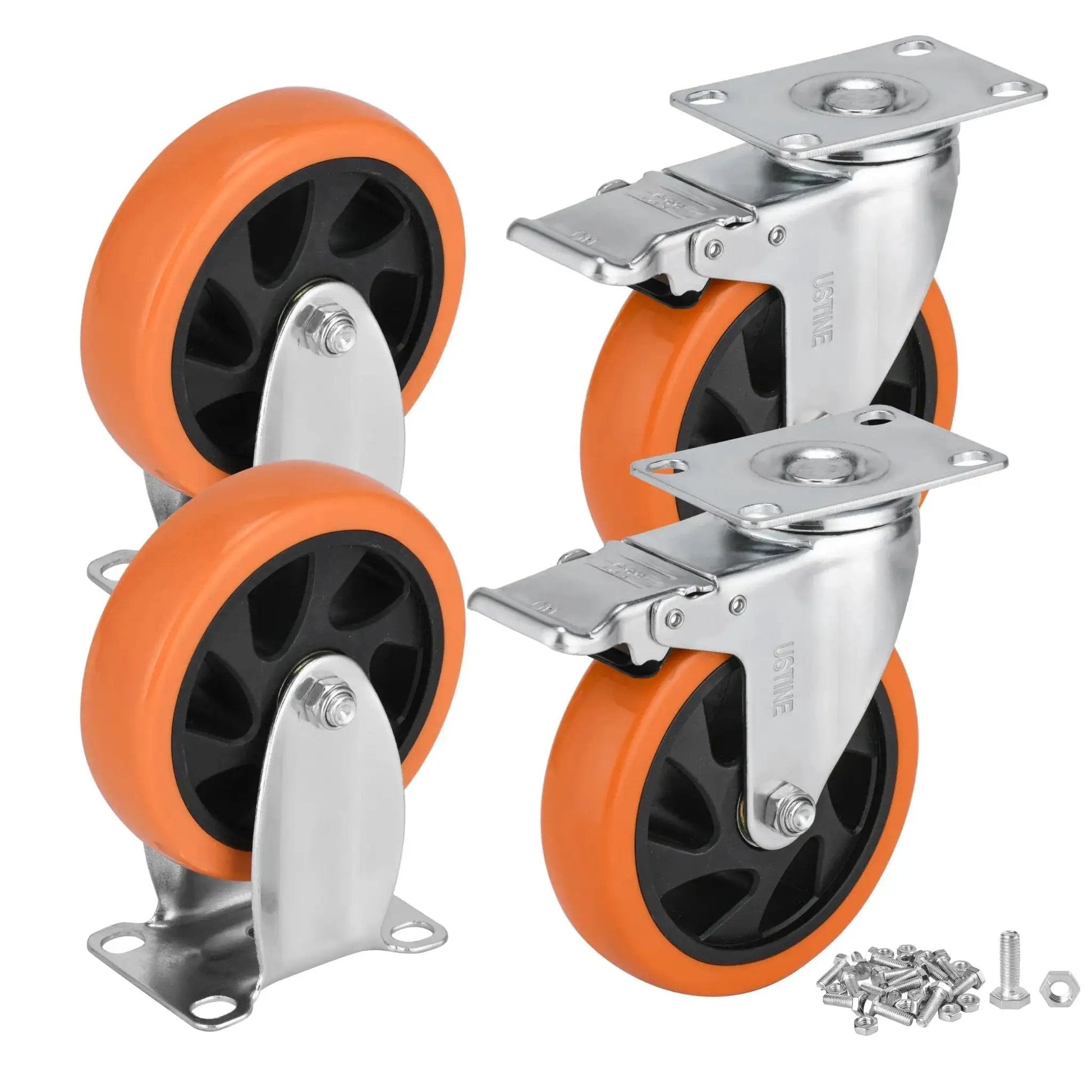 Five Inch Caster Wheels Set Of Four With Two Swivel Casters With Brakes And Two Rigid Casters For Flexible Mobility 360 Degree Rotating Lockable Plate Caster Wheels For Workbench Cart And Furniture Load Capacity 2400 Pounds, shown with orange and black wheels, metal mounts.