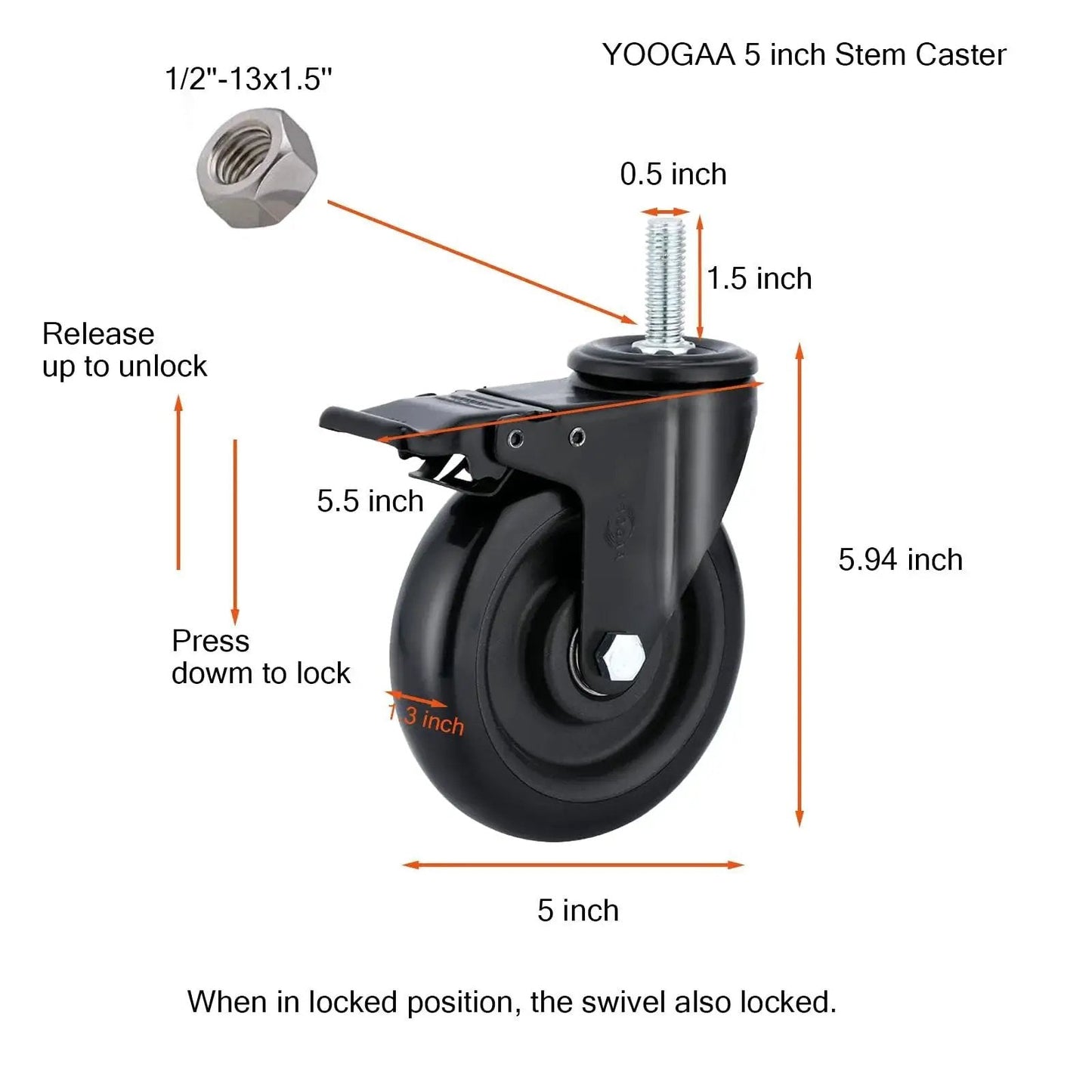 Five Inch Stem Caster Wheels With Dual Locking Brakes Heavy Duty 1500 Pound Capacity, dimensions labeled, swivel caster detail