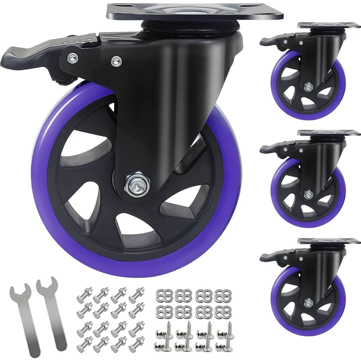 5 Inch Heavy Duty Caster Wheels Set of 4 with Brake, Swivel Casters with Double Ball Bearings, Dual Locking Plate Design, 2200lb Load Capacity for Carts, Furniture, Cabinets & Workbenches, Includes Two Hardware Kits