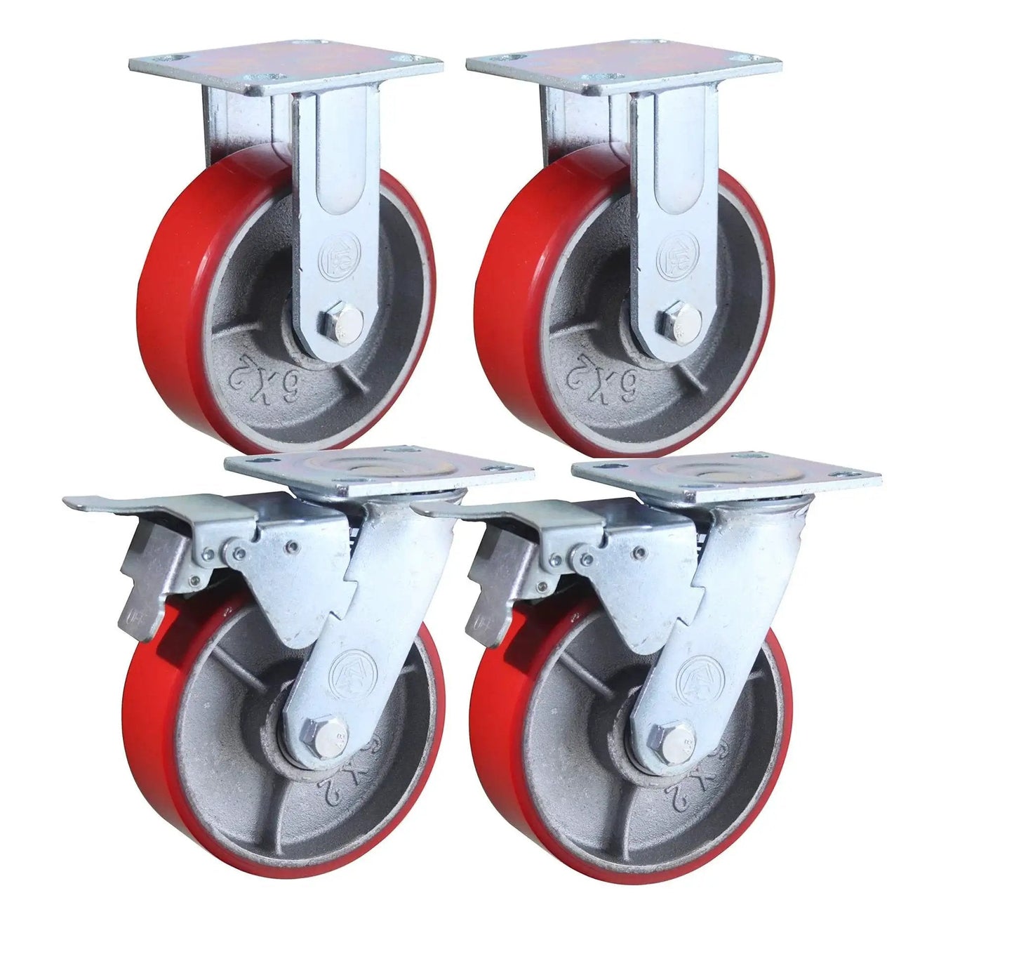 Industrial 6 Inch By 2 Inch Caster Set Of 4 With Two Fixed And Two Swivel Wheels Brakes Cast Iron Plate Heavy Duty 3500 Lb Capacity