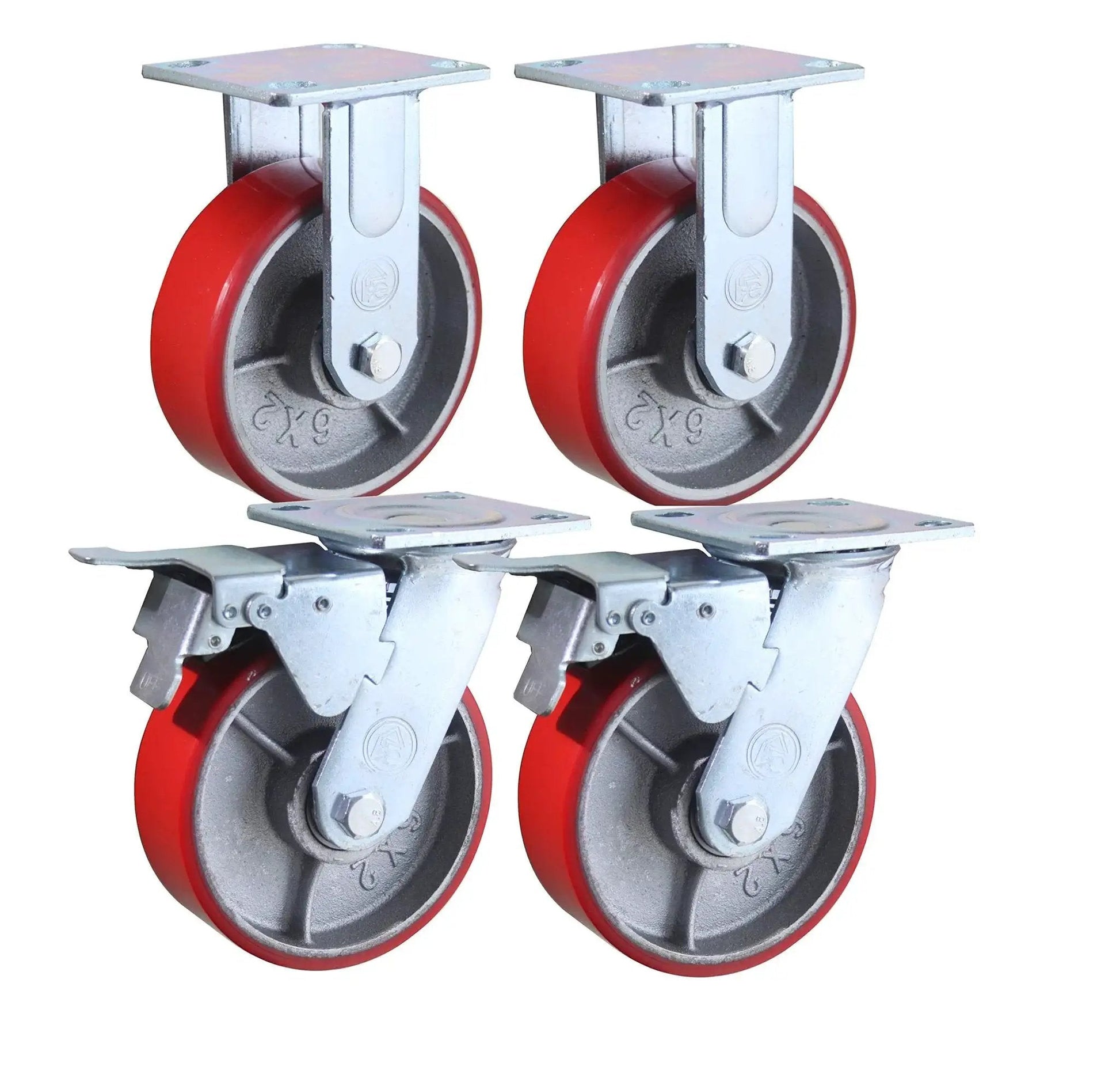 Industrial 6 Inch By 2 Inch Caster Set Of 4 With Two Fixed And Two Swivel Wheels Brakes Cast Iron Plate Heavy Duty 3500 Lb Capacity