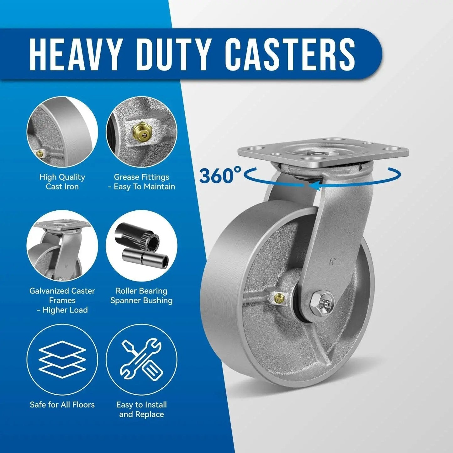 Image of Heavy Duty 6x2 Caster Wheels showing a detailed view of steel cast iron hub, galvanized wheels, and zinc plated yoke.
