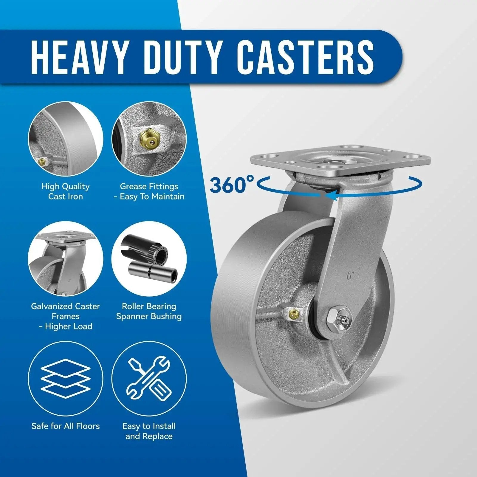 Image of Heavy Duty 6x2 Caster Wheels showing a detailed view of steel cast iron hub, galvanized wheels, and zinc plated yoke.