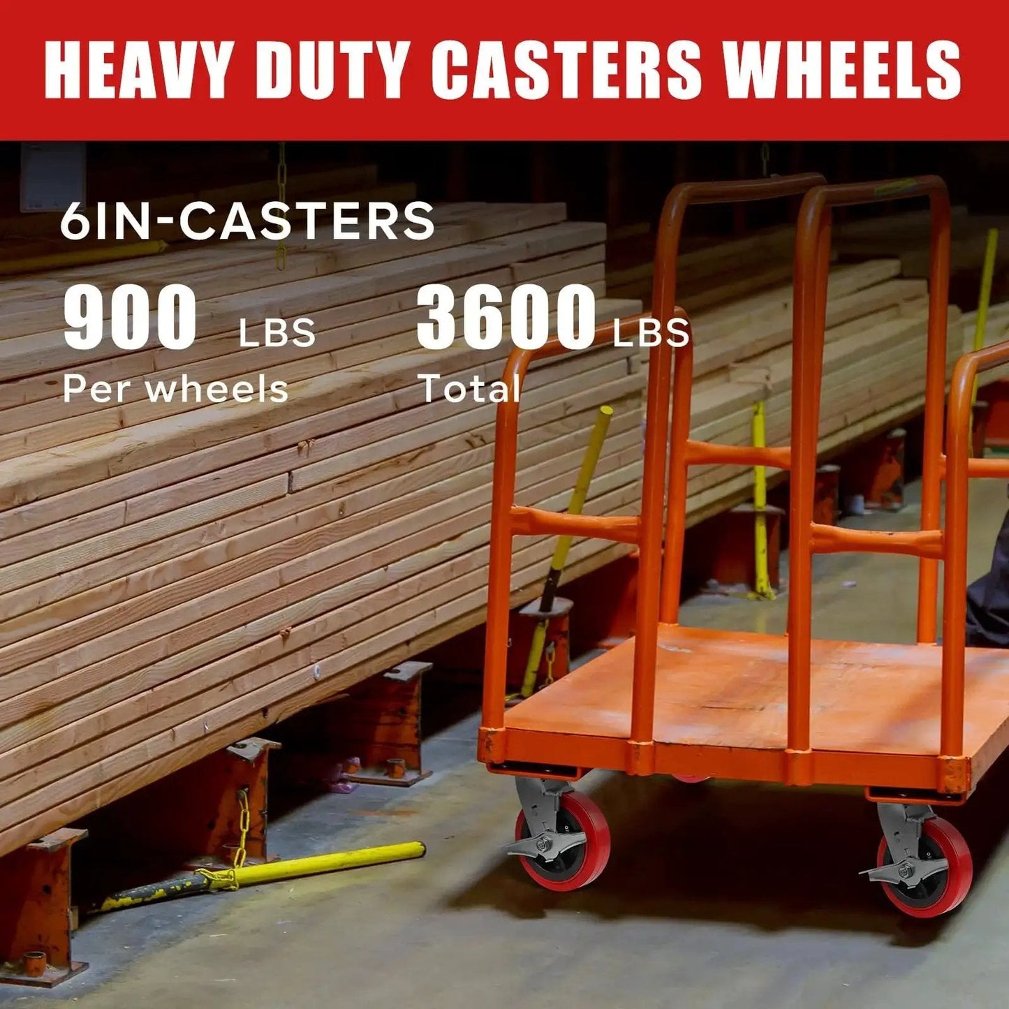 Heavy Duty 6x2 Inch Caster Set Of 4 Industrial Polyurethane Wheels With Pro Tech Tread on dolly, load capacity 3600 lbs