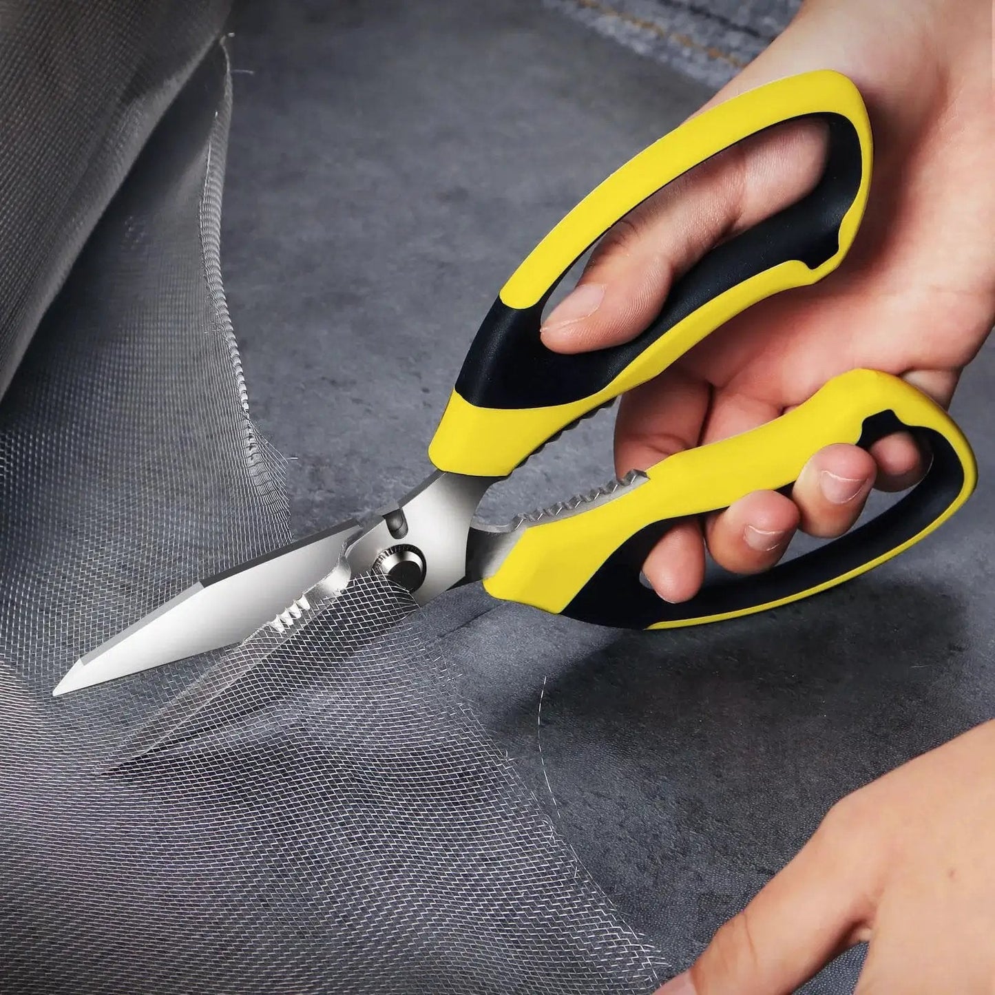 Heavy Duty 8 Inch Utility Scissors With Serrated Blades cutting mesh, yellow and black ergonomic handle, multipurpose shears