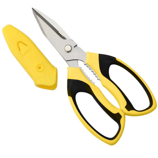 Heavy Duty 8 Inch Utility Scissors With Serrated Blades For All Purpose Cutting of Carpet Cardboard Wire Leather, yellow handle