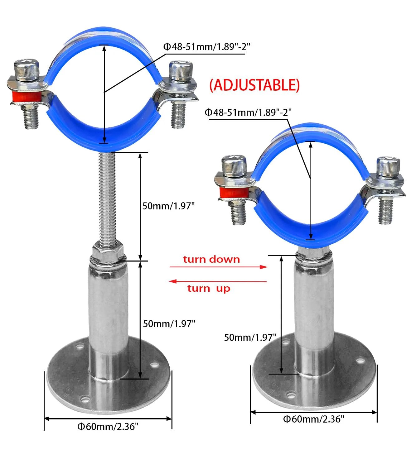 Heavy Duty Adjustable Pipe Clamps for Wall or Ceiling Mounts, Stainless Steel 304, 2 Pack, side view with adjustable height.
