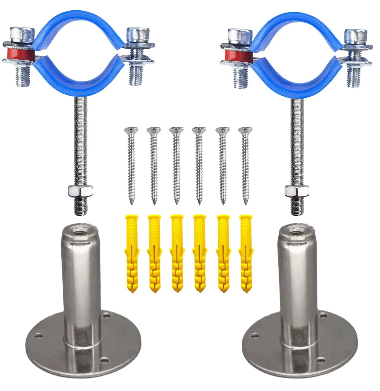 Heavy Duty Adjustable Pipe Clamps for Wall or Ceiling Mounts, Stainless Steel 304, 2 Pack, components and mounting hardware displayed