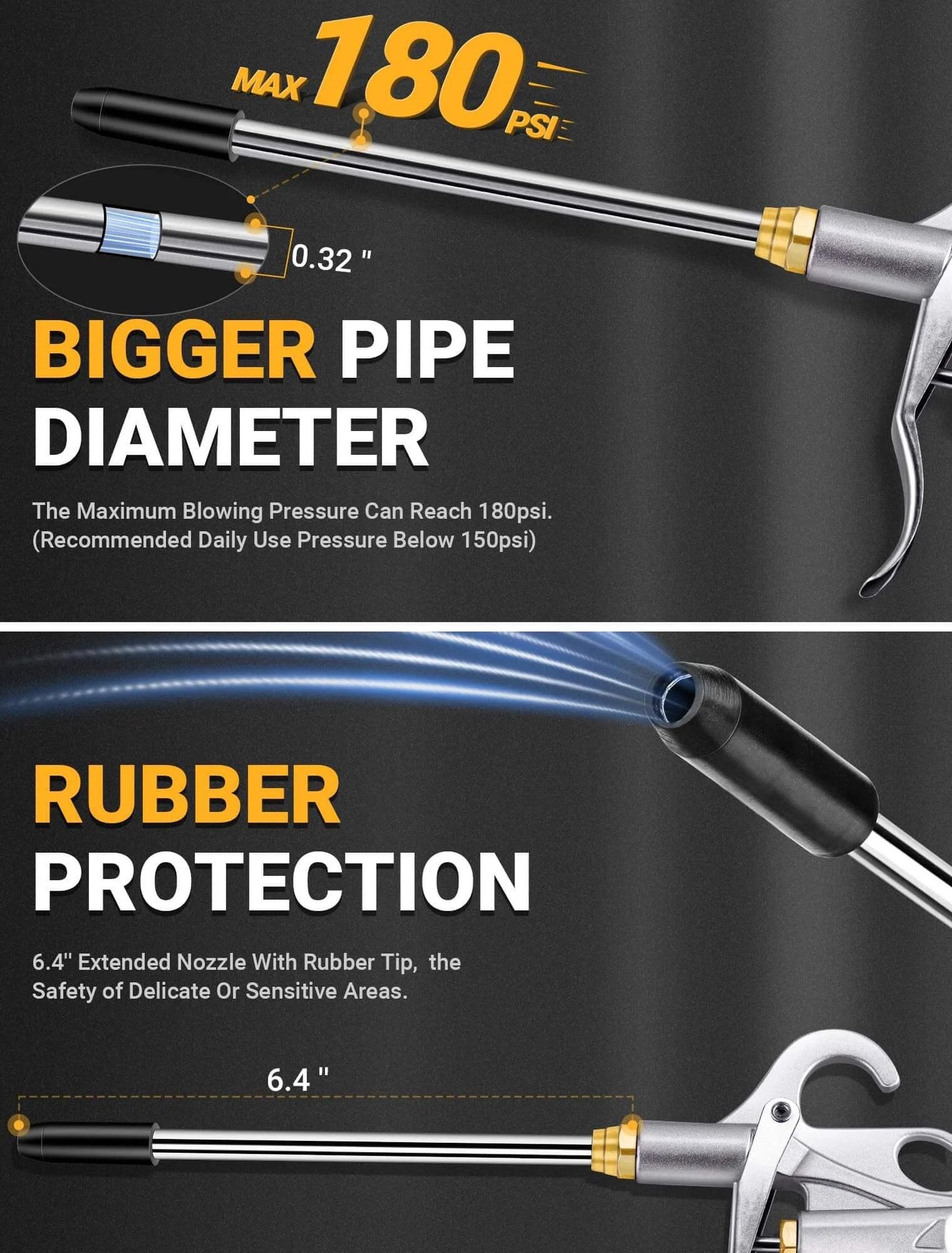 Heavy Duty Air Blow Gun Air Nozzle Blow Gun with 0.32 in bigger pipe and 6.4 in extended nozzle, max 180 psi, pneumatic accessory.
