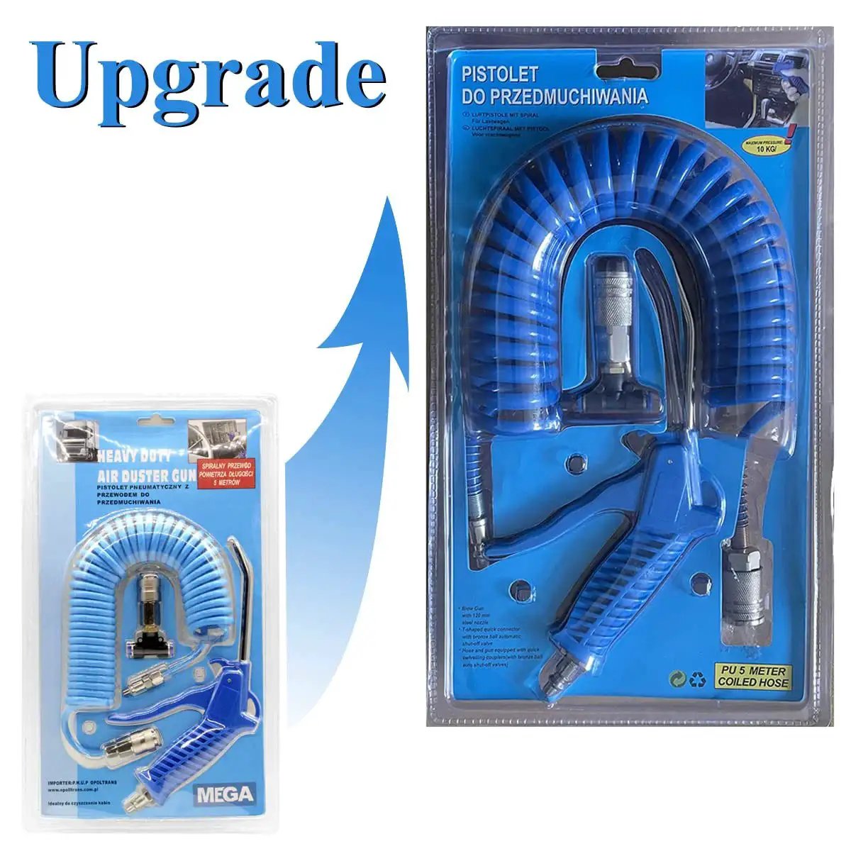 Heavy Duty Air Blow Gun Kit With Sixteen Foot Pneumatic Hose One Quarter Inch Quick Connect And Six Millimeter Outer Diameter in packaging