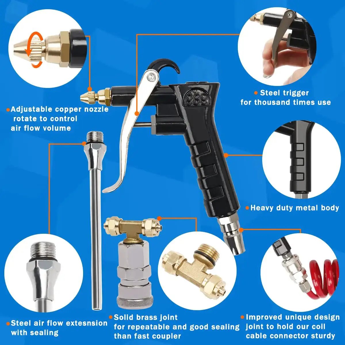 Heavy duty truck air duster blow gun kit with a 9 meter coil, showing components and adjustable copper nozzle for cleaning.