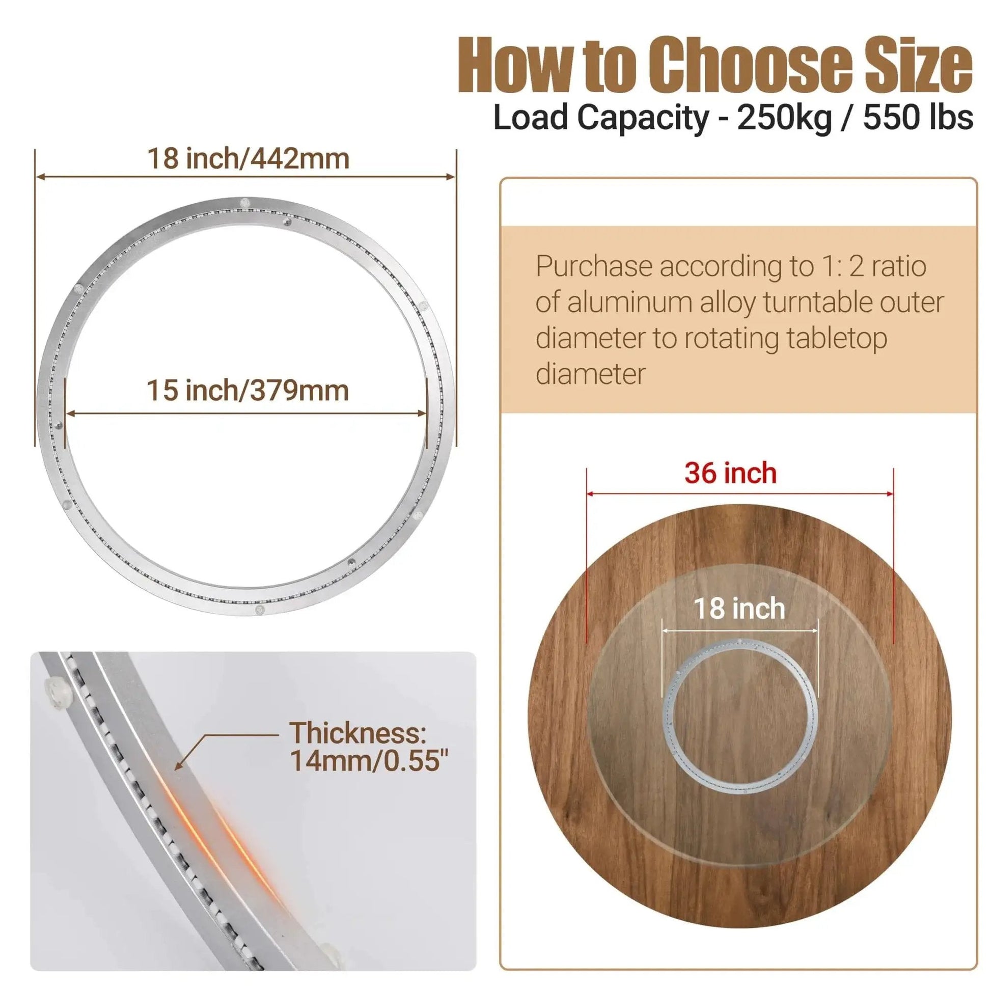 Diagram of Heavy Duty Aluminium Lazy Susan Bearing 18 Inch Rotating Turntable with size and capacity details.