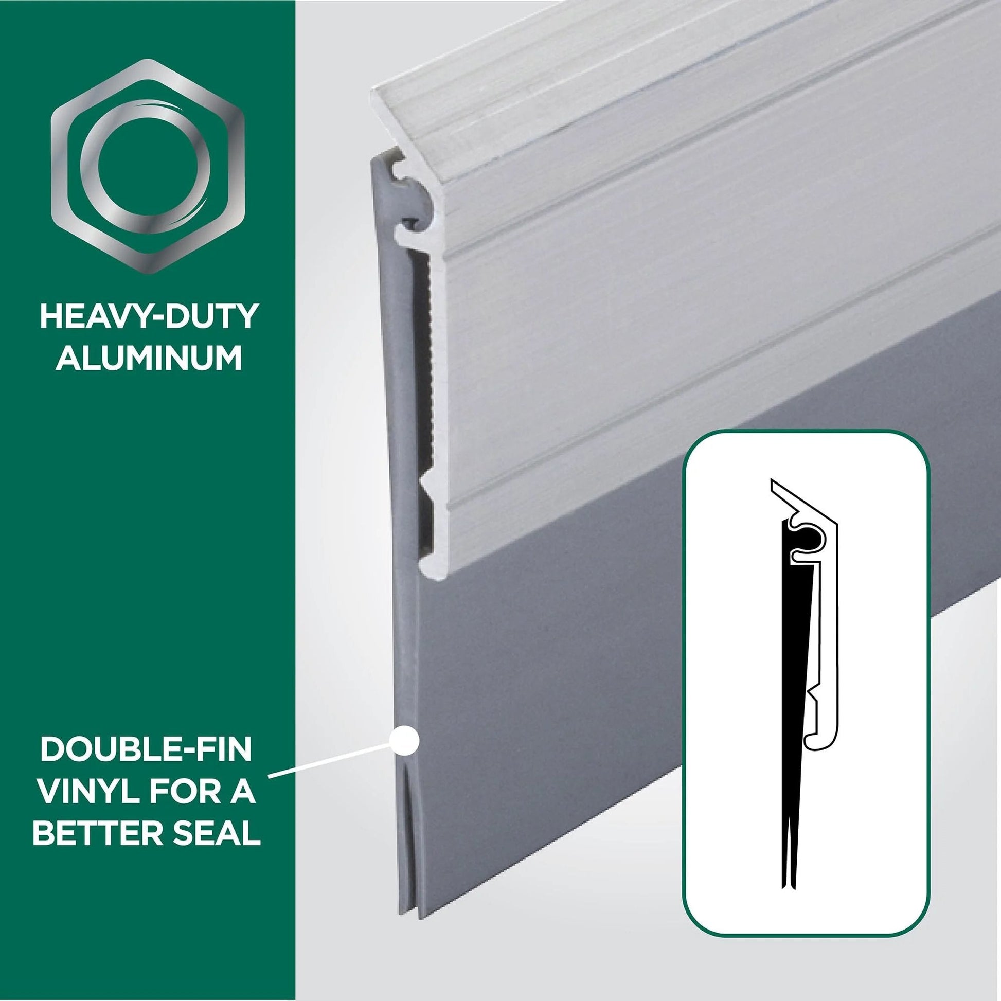 Close-up of All Season Door Sweep With Heavy Duty Aluminum Carrier And Thick Vinyl Fin 36 Inch Silver showing aluminum and vinyl features.
