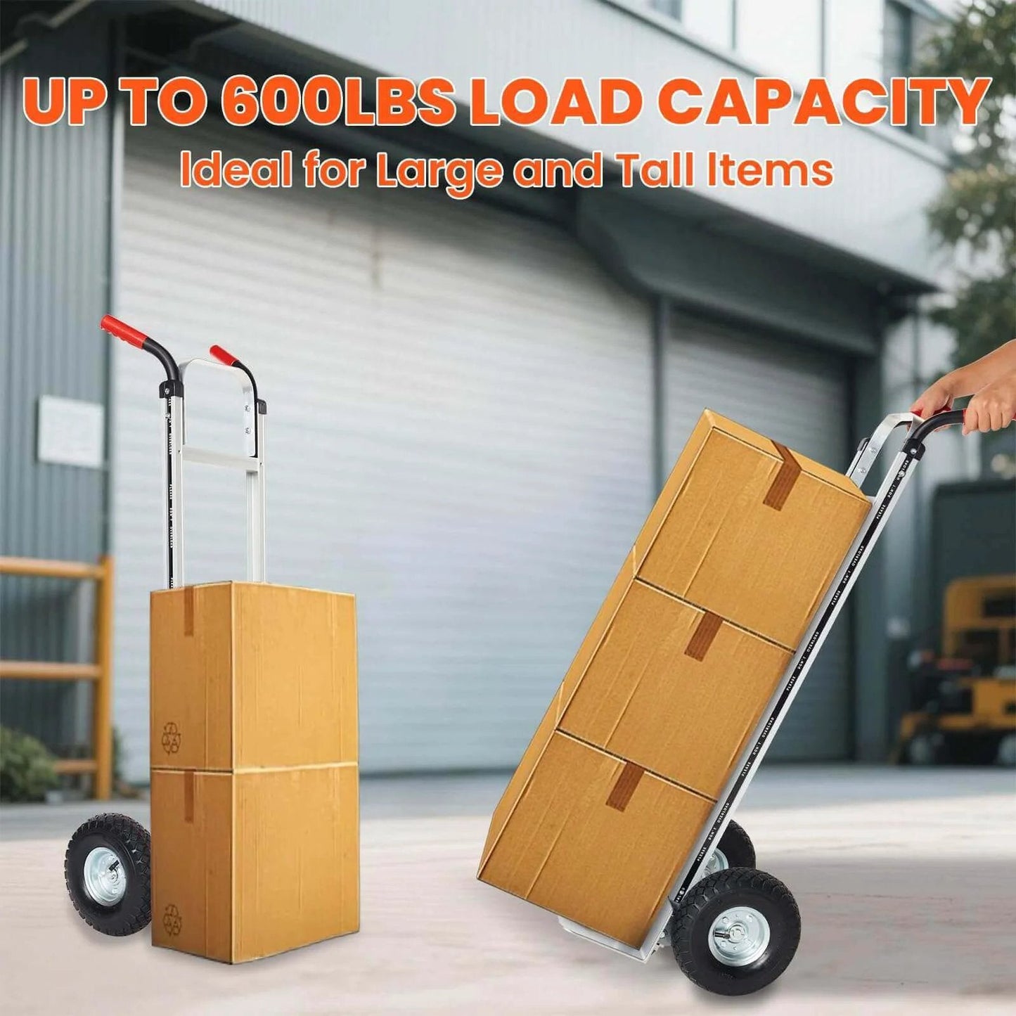 Aluminum Hand Truck Dolly Cart with 10" Pneumatic Tire,Hand Trucks Heavy Duty 600 LBS Capacity transporting boxes outdoors.