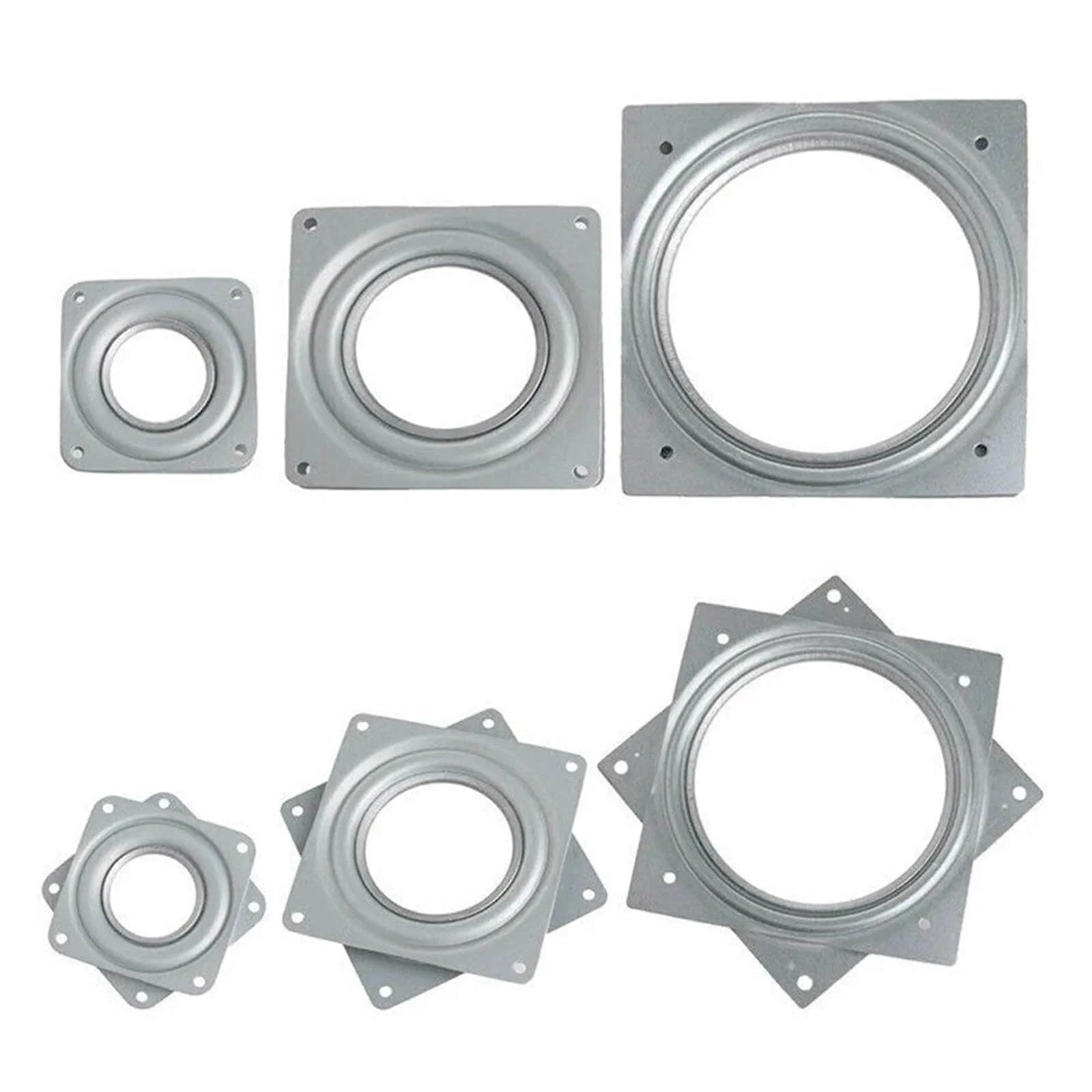 Various sizes of aluminum alloy industrial bearings and swivel plates for display stands and furniture applications.