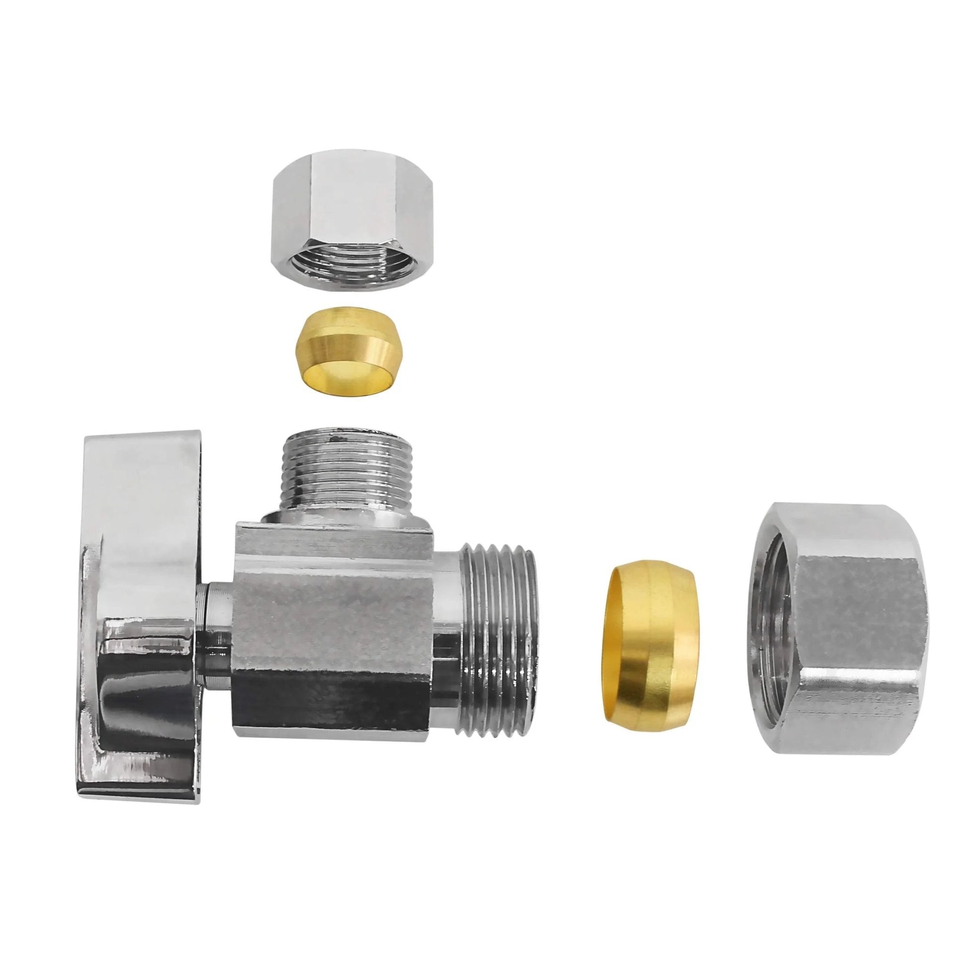 Heavy Duty 1/4 Turn Angle Shut Off Valve With Squared Body For Tight Fittings, 1/2 In NOM Inlet X 3/8 In OD Compression Outlet, Chrome Plated Lead Free Brass, Durable Plumbing Valve Set, 5 Pack For Cold Or Hot Water Lines, disassembled view showing chrome valve and components.