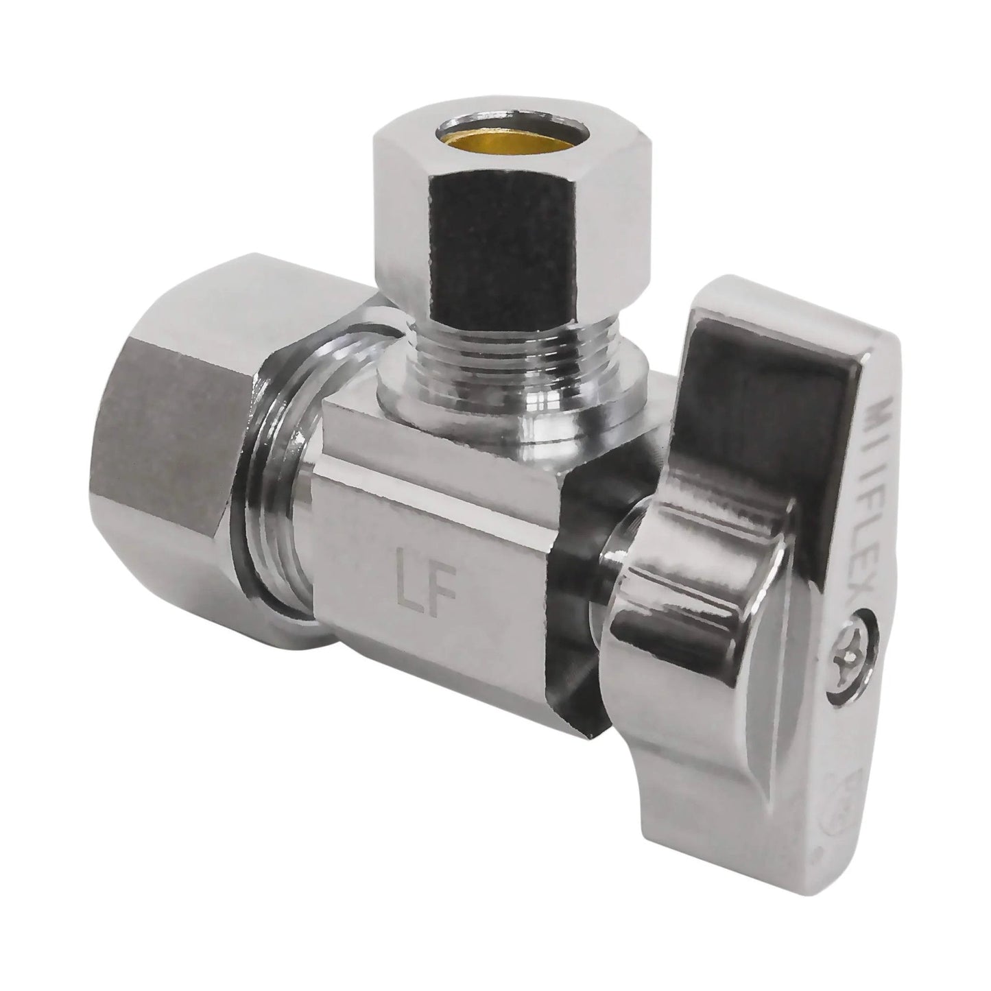 Heavy Duty 1/4 Turn Angle Shut Off Valve With Squared Body For Tight Fittings, 1/2 In NOM Inlet X 3/8 In OD Compression Outlet, Chrome Plated Lead Free Brass, Durable Plumbing Valve Set, 5 Pack For Cold Or Hot Water Lines - side view