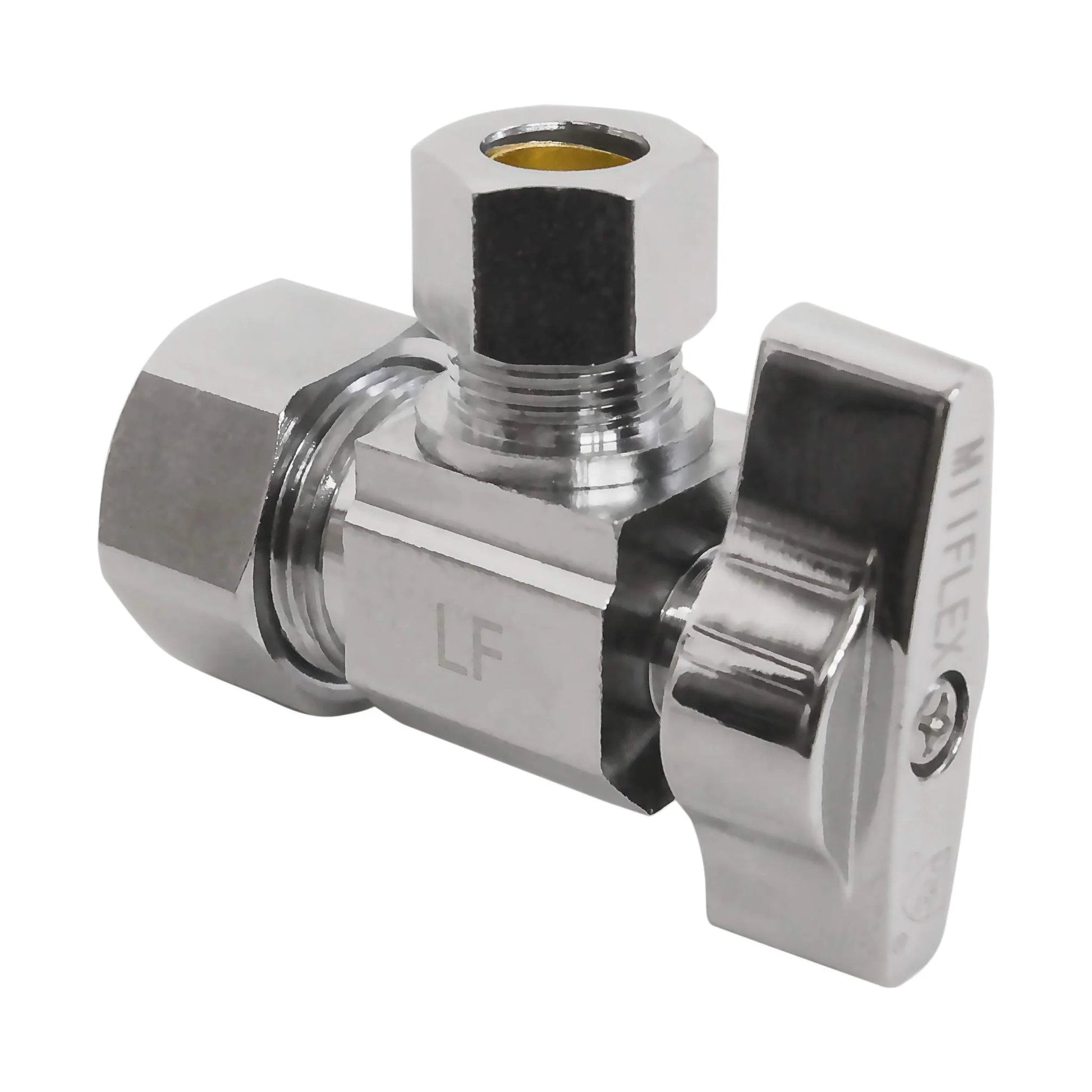 Heavy Duty 1/4 Turn Angle Shut Off Valve With Squared Body For Tight Fittings, 1/2 In NOM Inlet X 3/8 In OD Compression Outlet, Chrome Plated Lead Free Brass, Durable Plumbing Valve Set, 5 Pack For Cold Or Hot Water Lines - side view