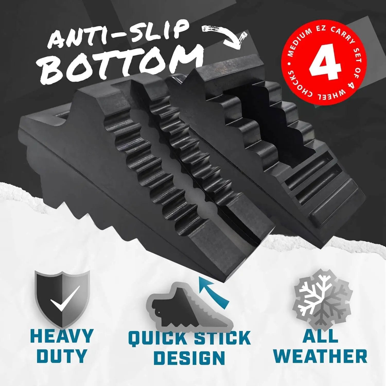 Image of 4 Pack Wheel Chocks For Cars, RVs, Trucks And Trailers Up To 8T GVW, showing anti-slip design and heavy-duty material