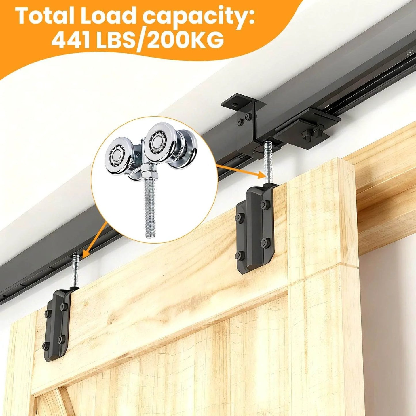 2Pcs Wheel Trolley Assembly Barn Door Rollers for 1-3/4" wide and 2-1/4" or taller rail installed on barn door showing load capacity