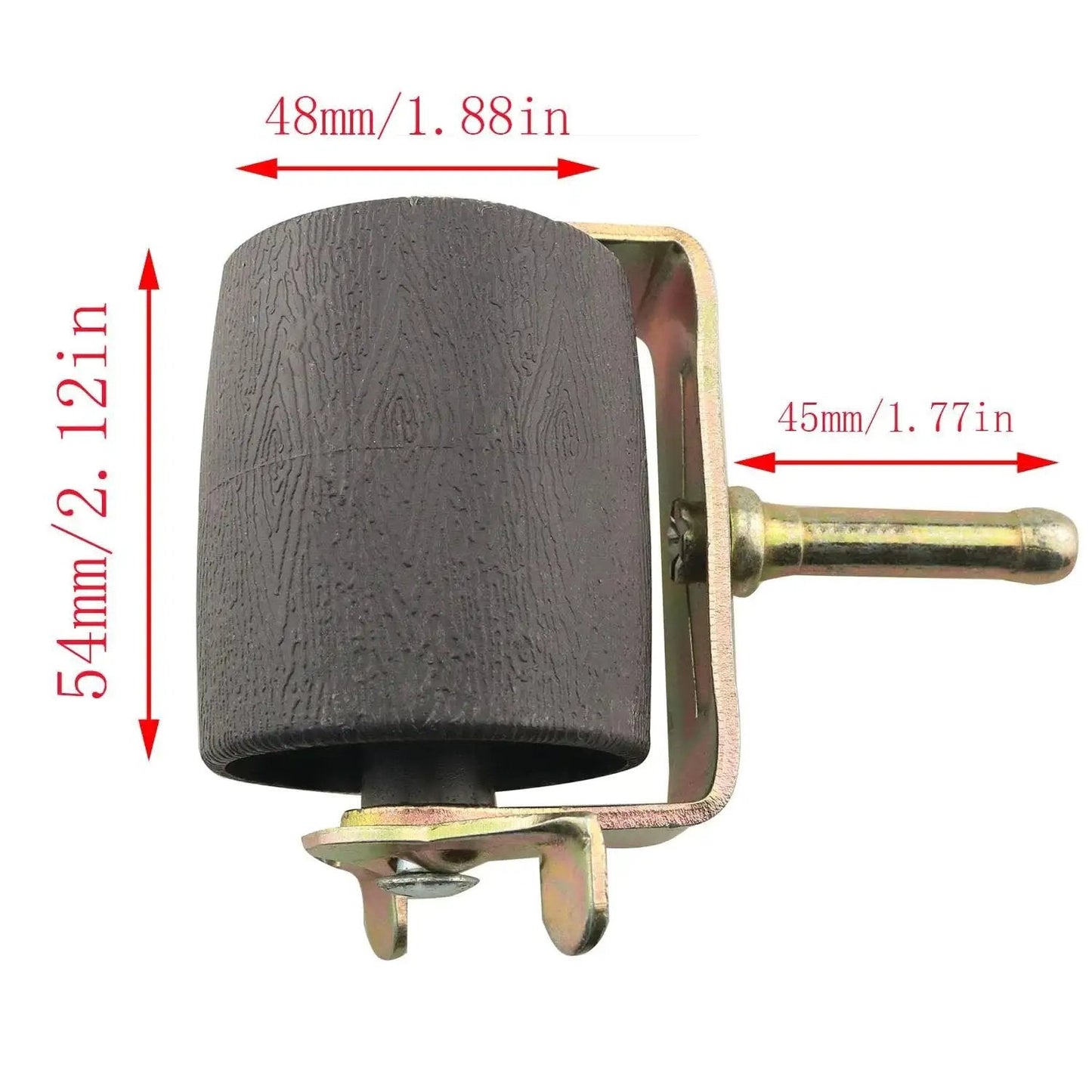 Close-up of a metal bed frame caster with brake, showing dimensions for standard leg sockets; two pack heavy duty metal bed frame casters with brakes locking casters for furniture standard leg sockets on bed frames 600 lb weight capacity smooth rolling on carpet or hard floors.
