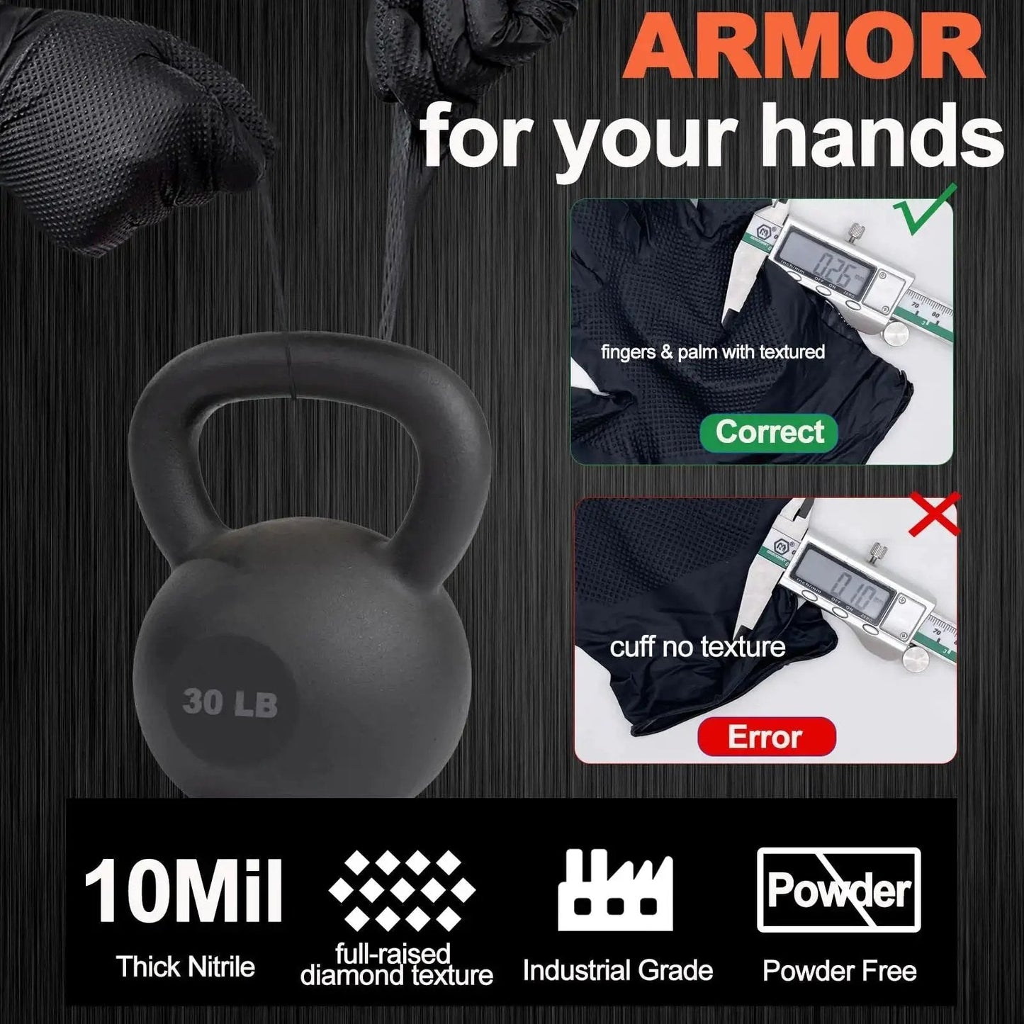 Heavy Duty Nitrile Gloves 10 Mil Black With Diamond Grip Chemical Resistant holding a 30 LB weight, highlighting texture thickness.
