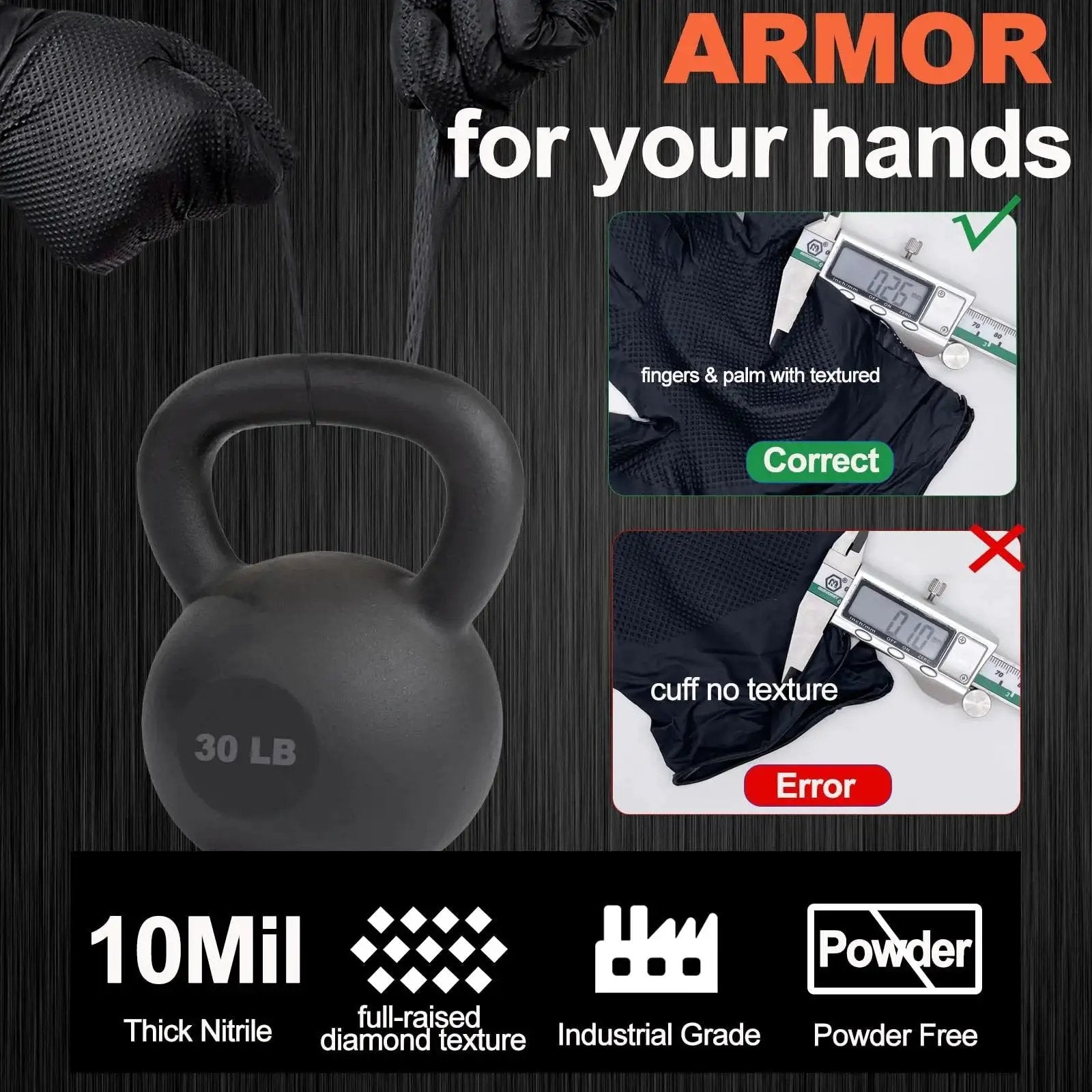 Heavy Duty Nitrile Gloves 10 Mil Black With Diamond Grip Chemical Resistant holding a 30 LB weight, highlighting texture thickness.