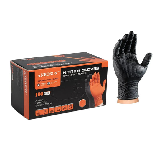 Heavy Duty Nitrile Gloves 10 Mil Black With Diamond Grip Chemical Resistant box and glove