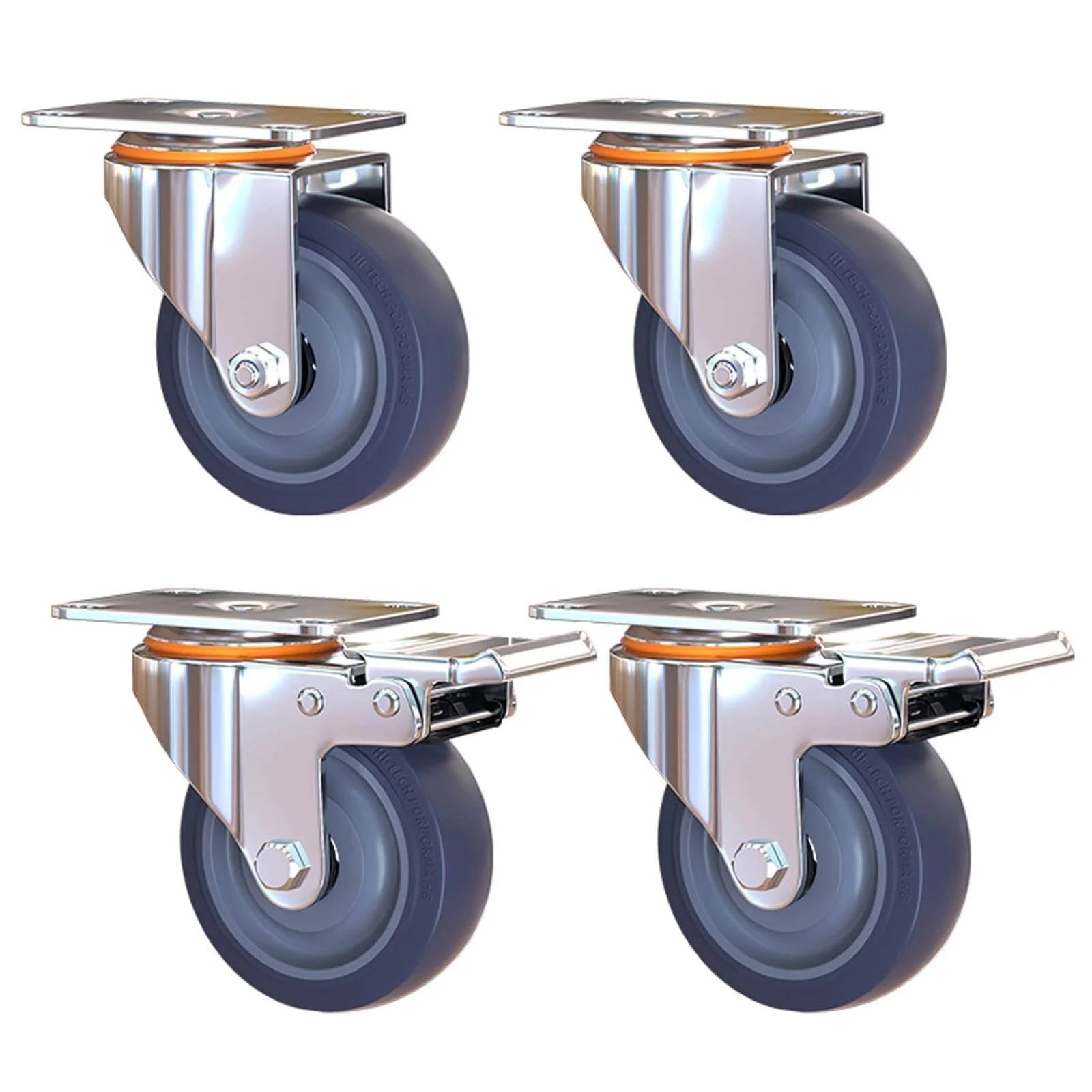 Heavy Duty Blue Rubber Caster Wheels Set with Brakes, Industrial swivel plate castors, 2 locking and 2 swivel casters for trolleys