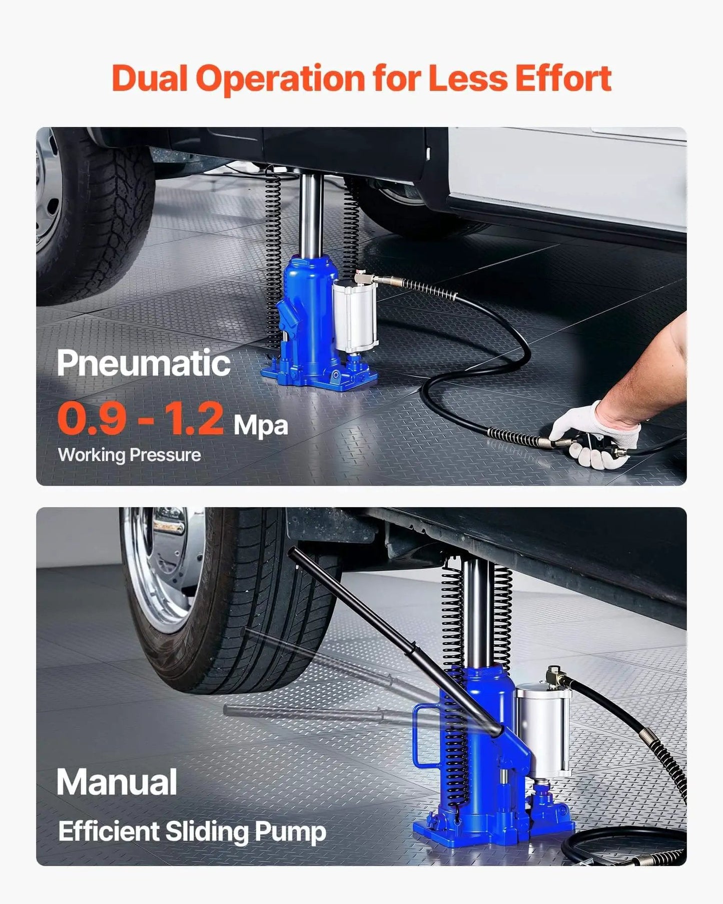 Heavy Duty 20 Ton Bottle Jack With Pneumatic Or Manual Lift For Cars SUVs Trucks And RVs, blue jack in use lifting vehicle