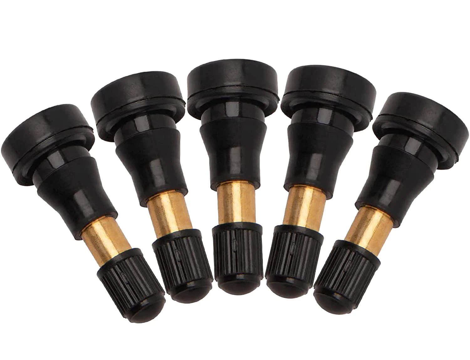 Heavy Duty High Pressure Valve Stems Kit With Brass Core And Snap In Design 100 Pack Black EPDM Rubber Tire Valve Stems For Pro Grade Performance Ozone Tested And Leak Tested For All Vehicles - close-up of valve stems showing brass core and black rubber.