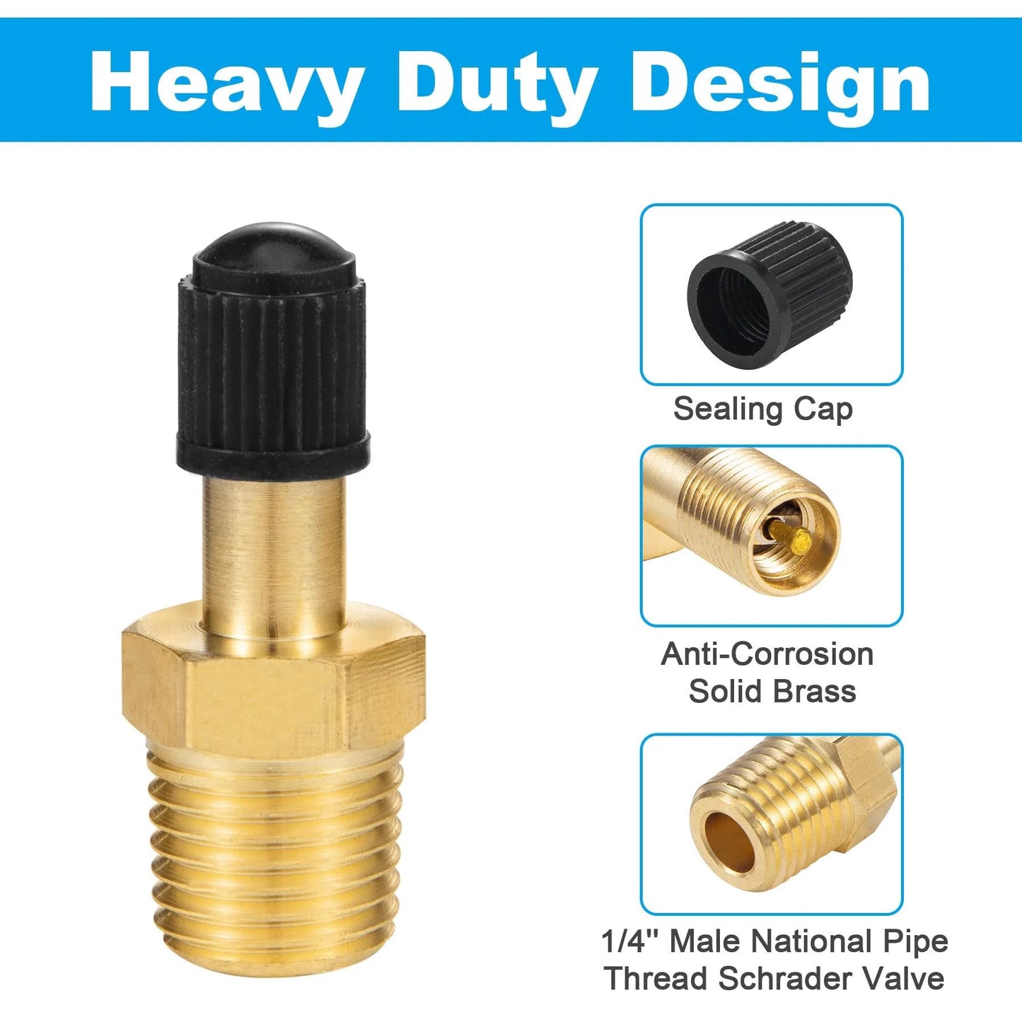 Inflation Valve With Push To Connect For Quarter Inch OD Air Line Tubing And Air Spring Suspension On Semi Truck Trailer Tractor Brass Anti Corrosion 150 PSI Max Temperature Range Minus Sixty Five To Two Hundred Fifty Fahrenheit Male NPT close-up of valve with sealing cap