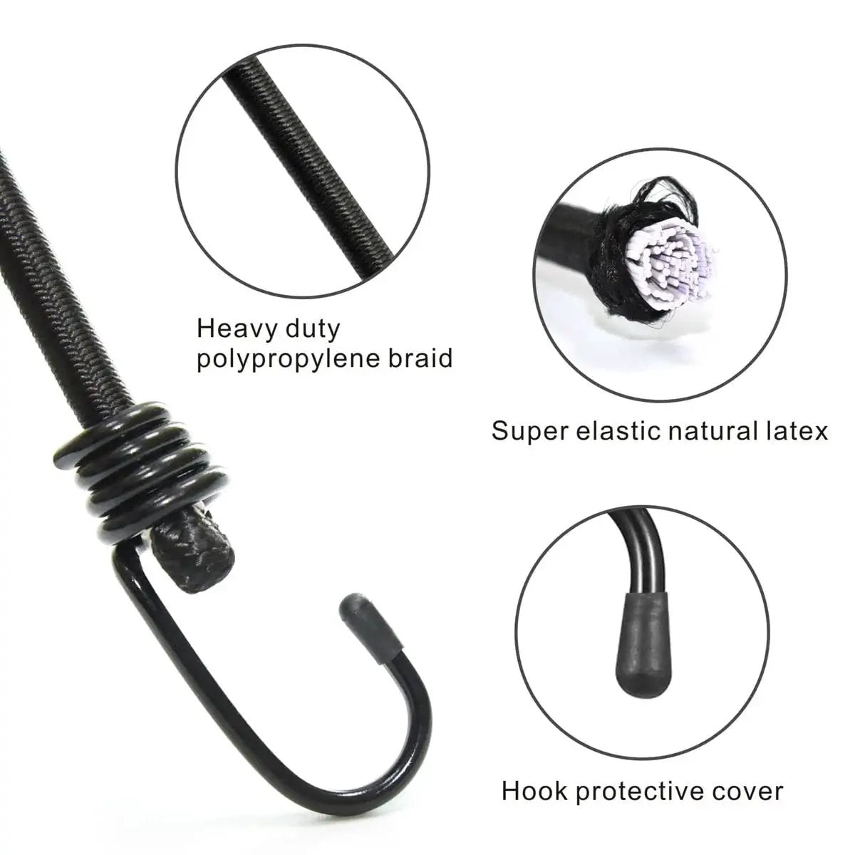 Close-up of Heavy Duty Bungee Cords With Hooks 24 Inch Set Of 4 No Odour Elastic Straps showing braid, latex core, and hook.