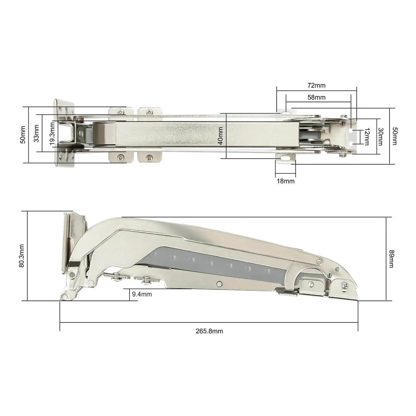 Heavy duty lateral opening door hinge set enables 180 degree parallel opening for cabinets and wardrobes, side view with dimensions.