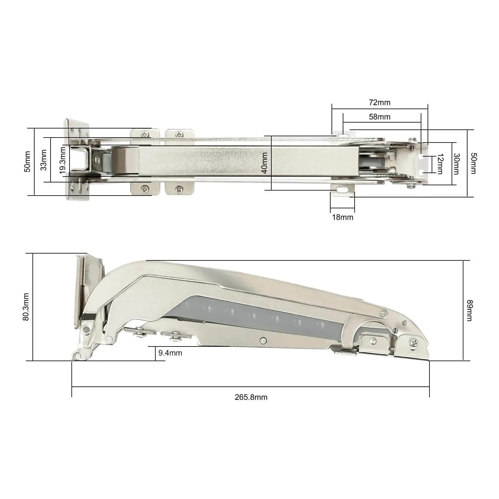 Heavy duty lateral opening door hinge set enables 180 degree parallel opening for cabinets and wardrobes, side view with dimensions.