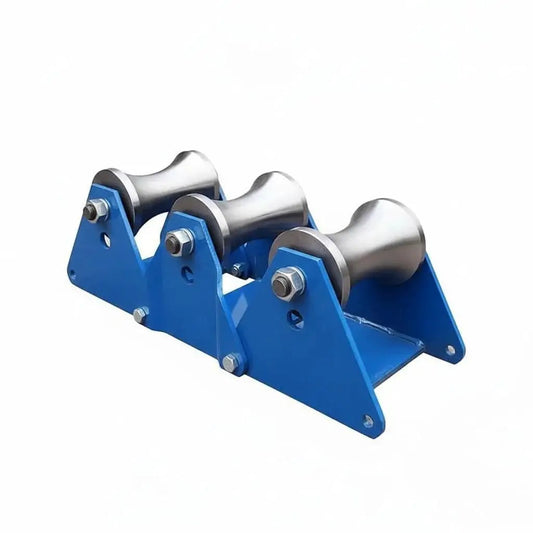 Blue industrial cable pulley with heavy duty steel sheave for large scale laying and wire pulling tools, multiple rollers setup.