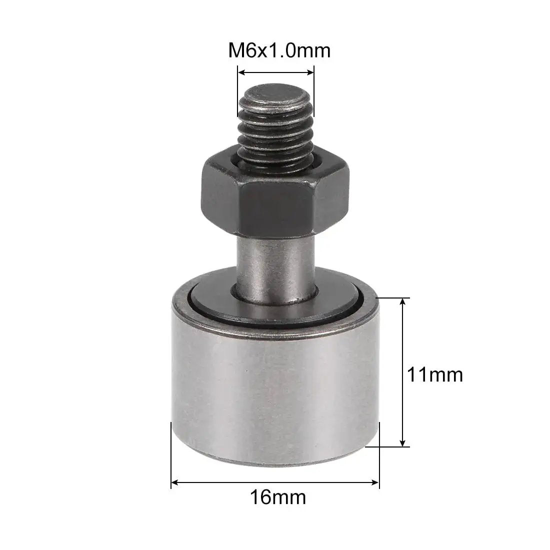 Heavy Duty Cam Follower With Needle Rollers KR16 16mm Dia 11mm Width M6 Stud 2 Pack Sealed, shown with measurements and steel finish