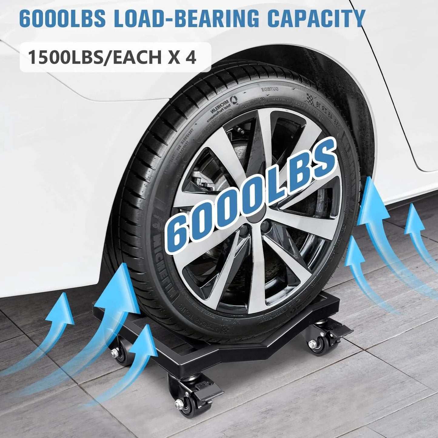 Car dolly set of 4 with heavy duty iron frame, 6000 lb total capacity wheel dollies, shown with tire on V shaped recessed design for grip