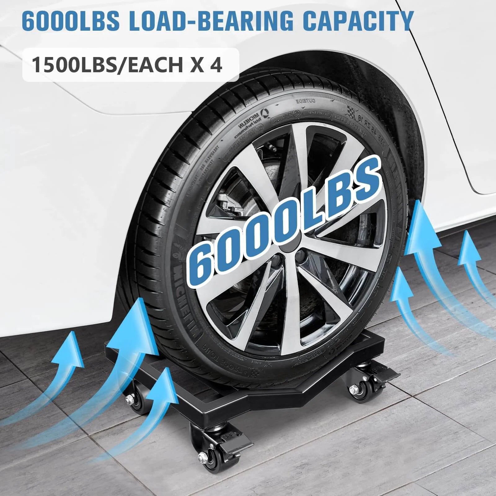 Car dolly set of 4 with heavy duty iron frame, 6000 lb total capacity wheel dollies, shown with tire on V shaped recessed design for grip