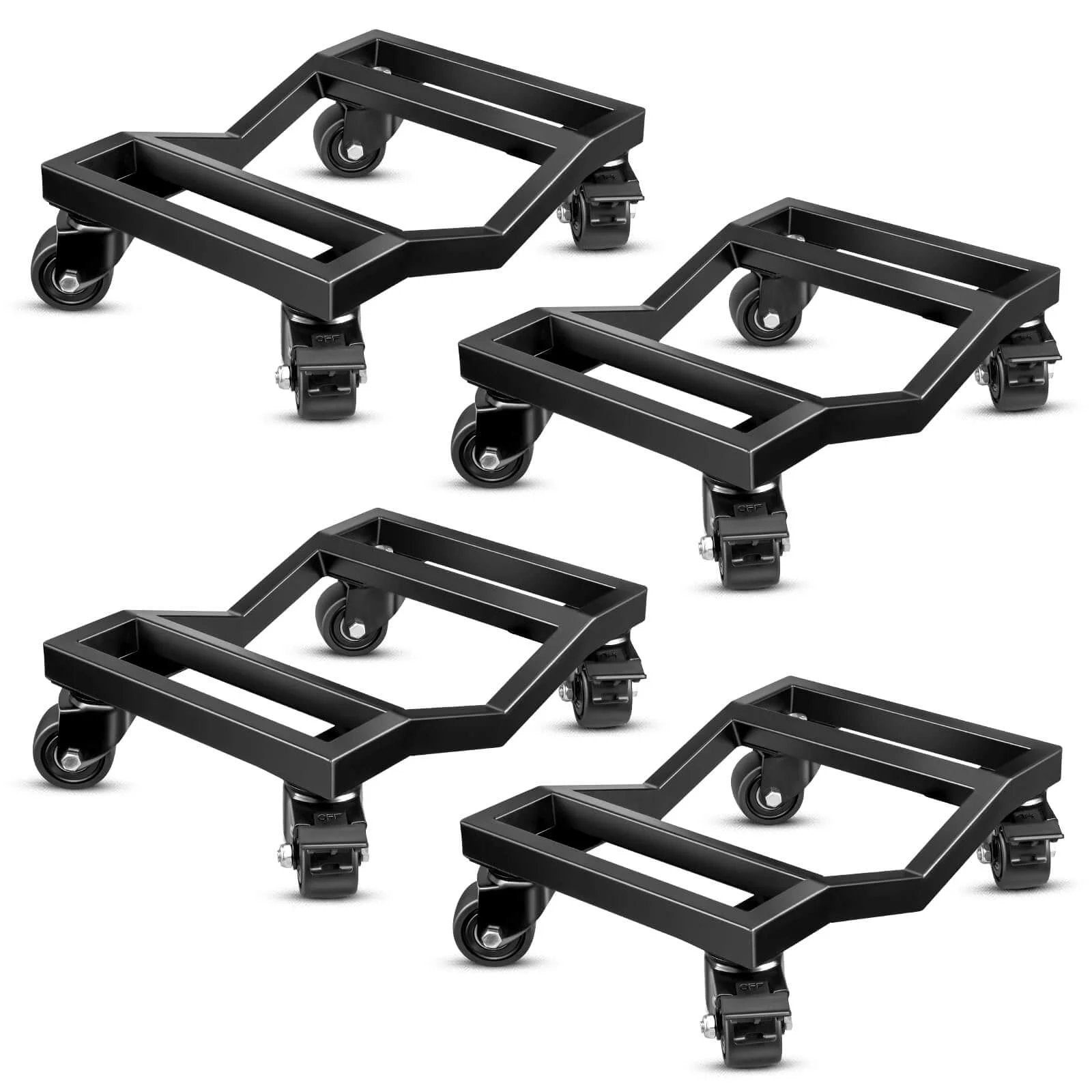 Car dolly set of 4 with heavy duty iron frame, 6000 lb total capacity wheel dollies, double V shaped recessed design, nylon casters