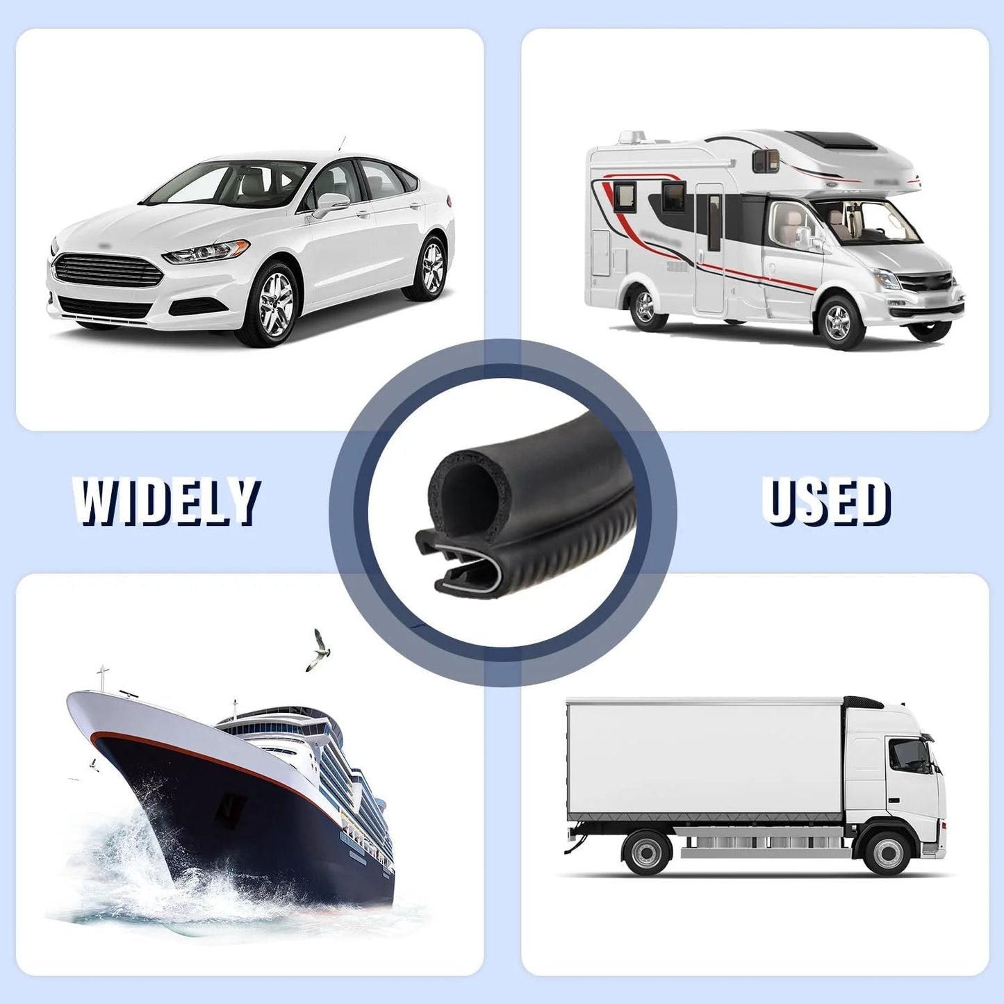 Heavy Duty Car Door Weather Stripping Seal With U Shaped Rubber Edge Trim And Steel Strip For Car Truck SUV RV Boat And Home Doors Keeps Interior Quiet And Tidy 20 Ft Long 17 Mm Wide 28 Mm Thick, featured in various vehicles.