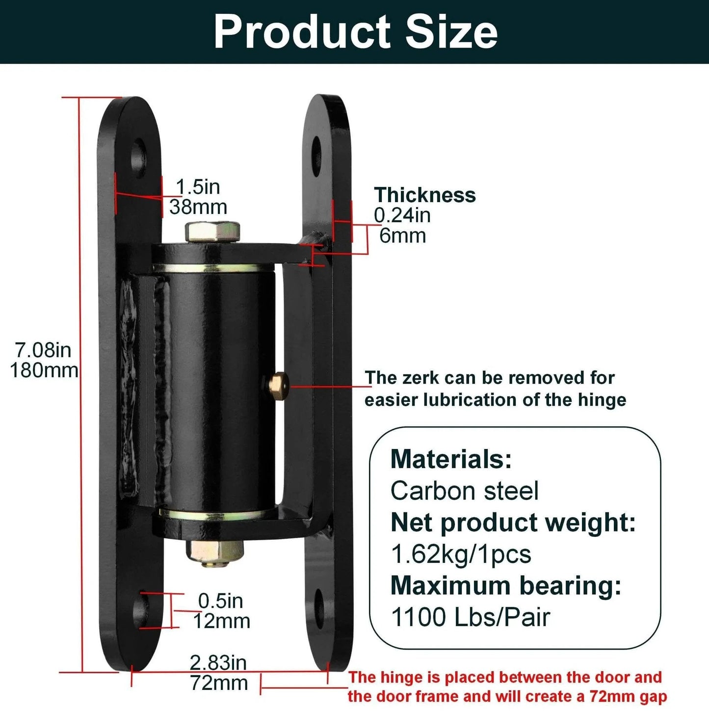 Heavy Duty Gate Hinges 7in product size and specifications, carbon steel material, 1100 lbs max load, bolt or weld installation