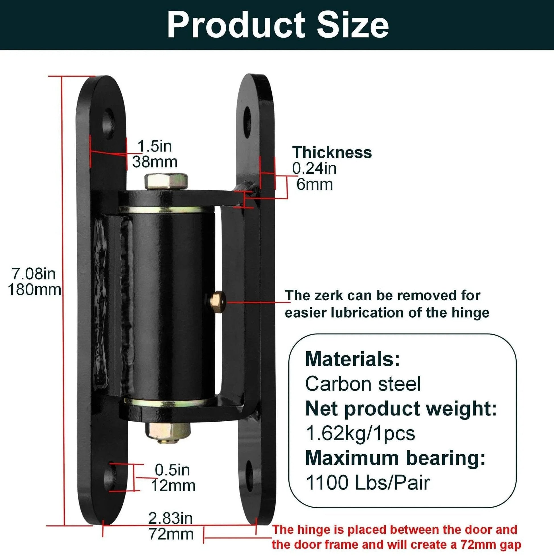Heavy Duty Gate Hinges 7in product size and specifications, carbon steel material, 1100 lbs max load, bolt or weld installation