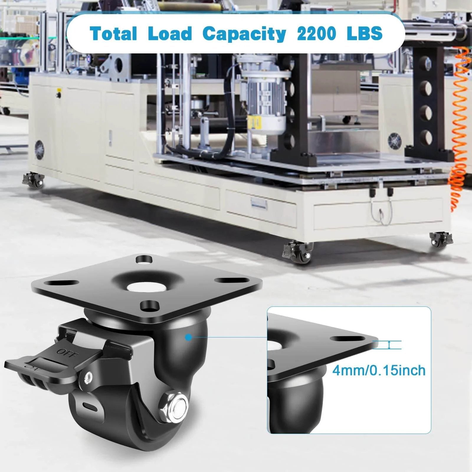 Side view of 2-Inch Heavy Duty Casters Set of 4, Industrial Grade Castors Wheels 2200 LBS, Low Gravity Plate Swivel Caster with Brake